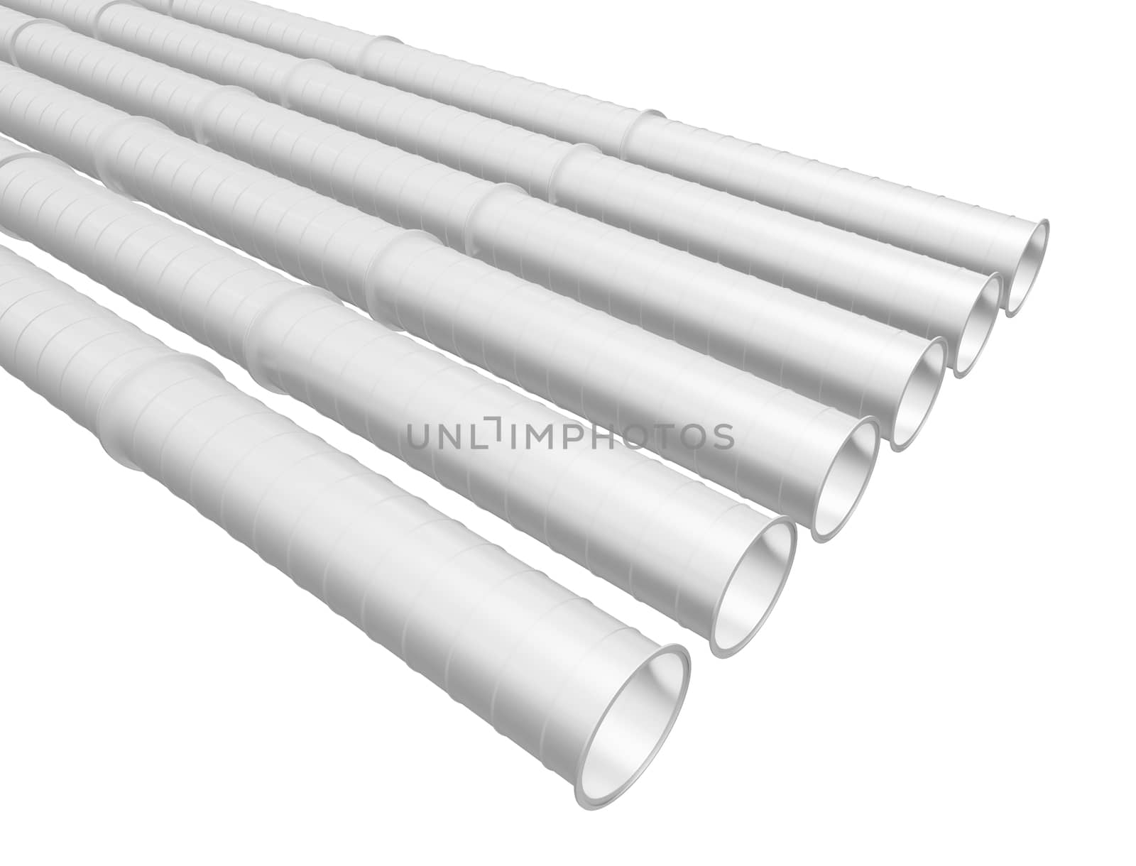 Row of white industrial pipelines isolated on white background. 3d illustration