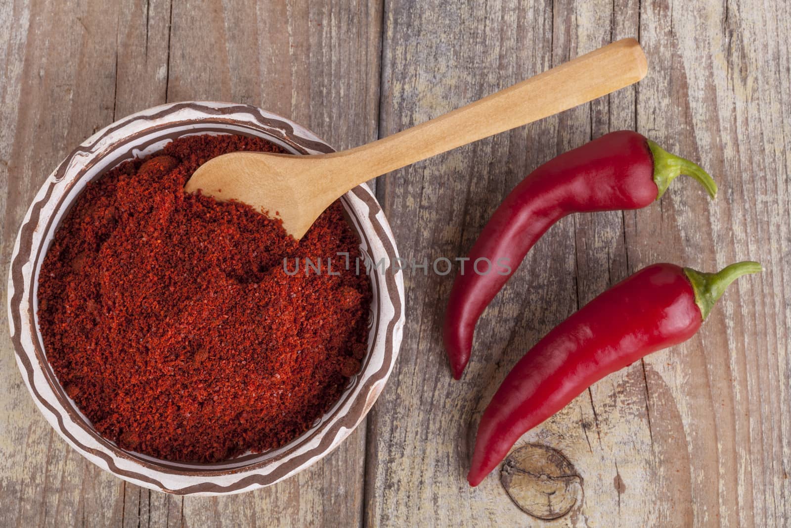 Red paprika in a ceramic bowl with brown wood spoon on old wood table with fresh chili pepper