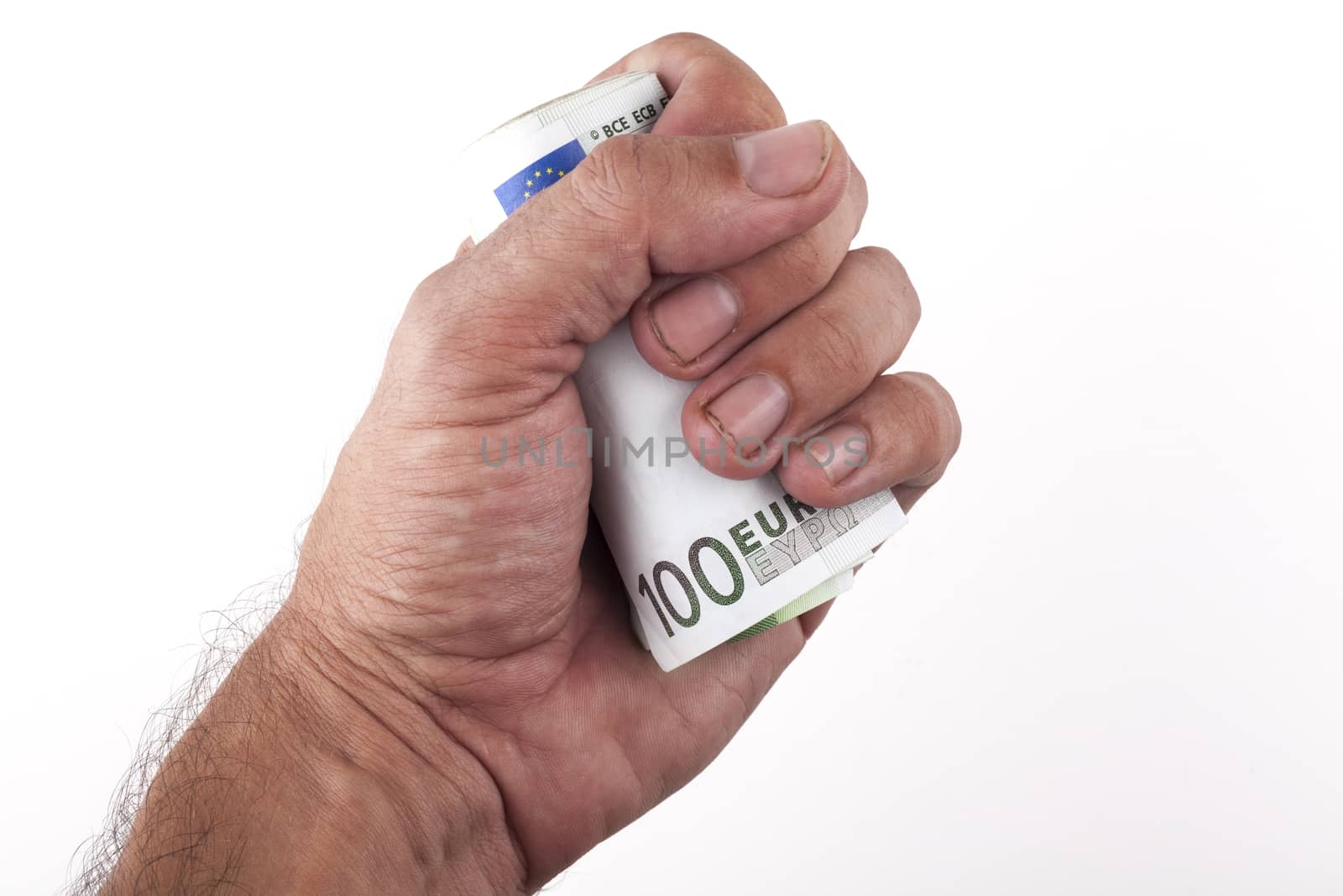 Man hand holding a roll of hundred euro banknotes isolated on white background