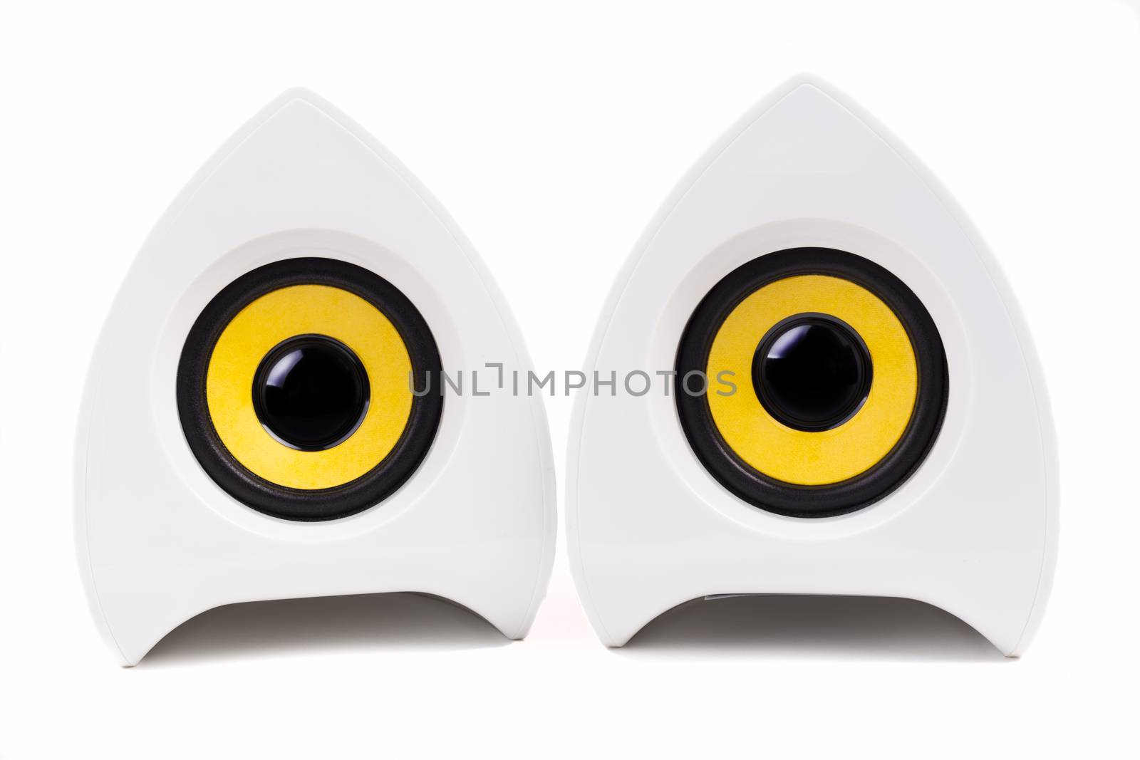 Pair of  White speakers with black and yellow isolated on white background