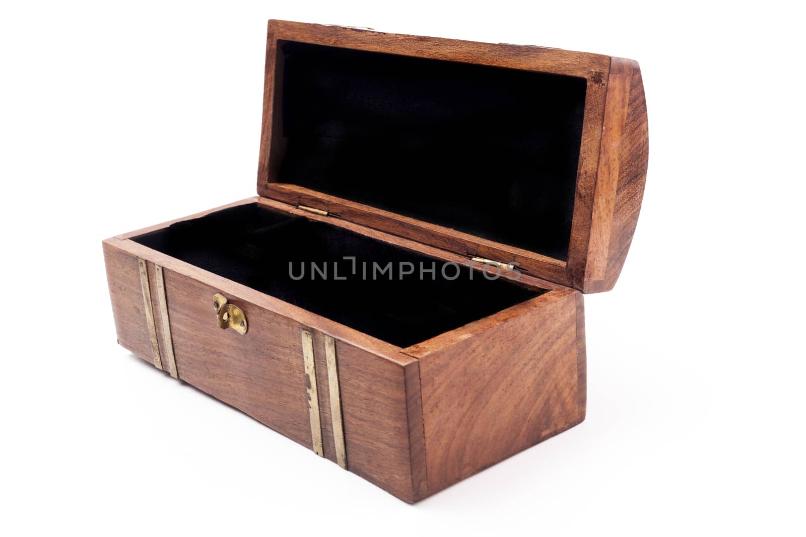 Open brown wood box diagonal view isolated on white