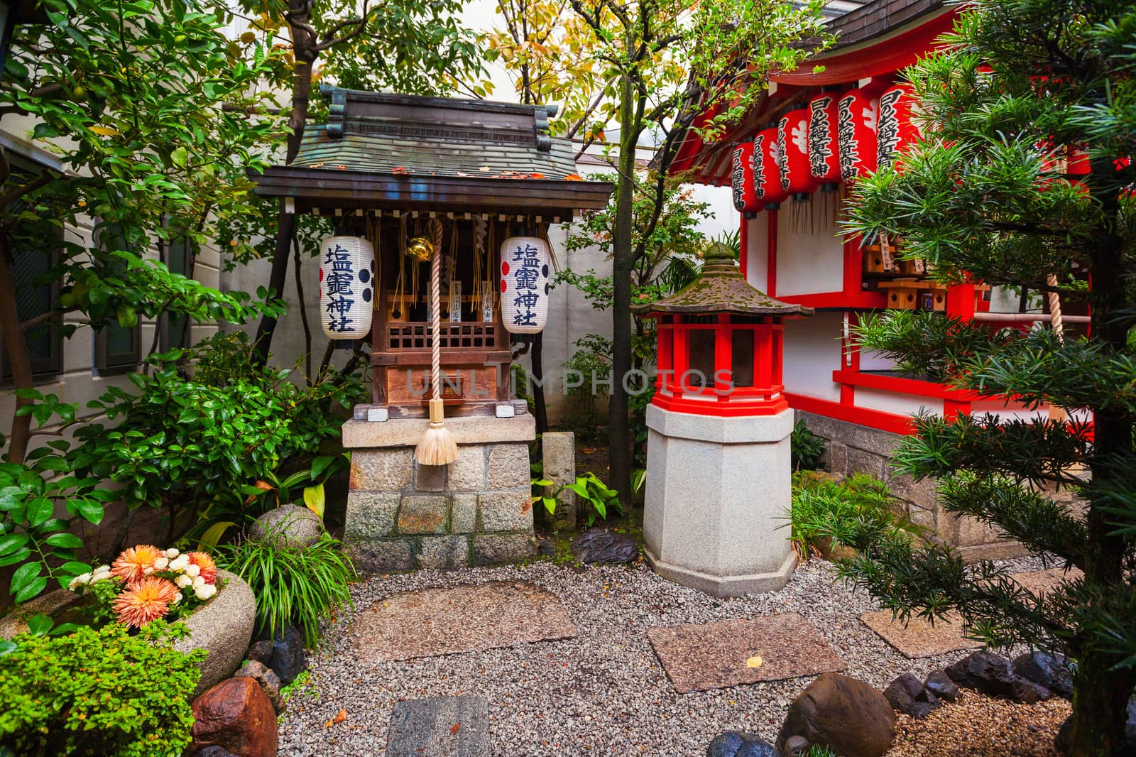Shiogama shrine close to Hinode Inari Shinto shrine at Nishiki Tenmangu Shrine area in Kyoto, Japan