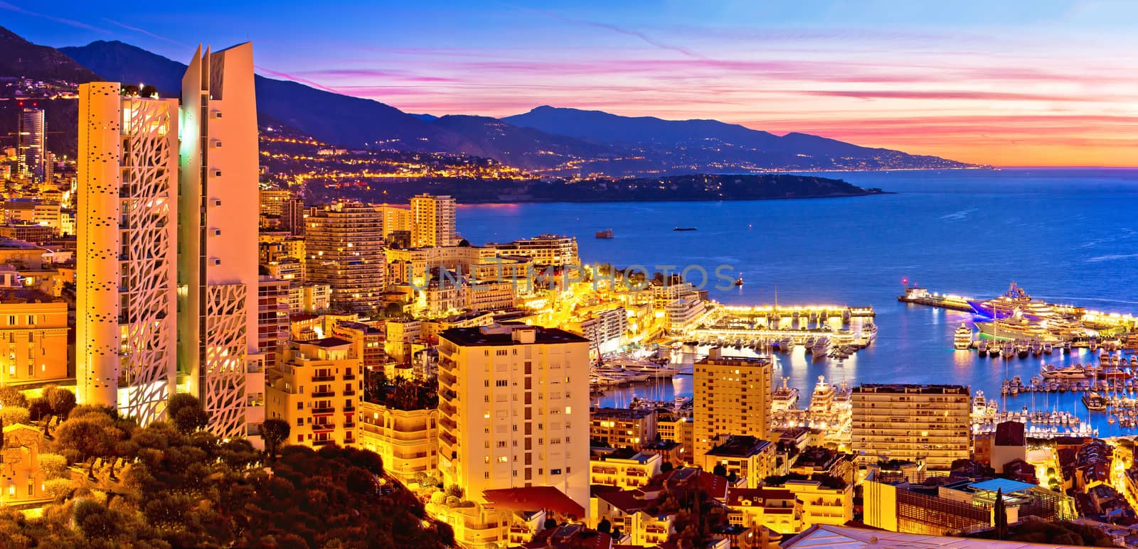 Monte Carlo cityscape colorful evening panoramic view from above by xbrchx