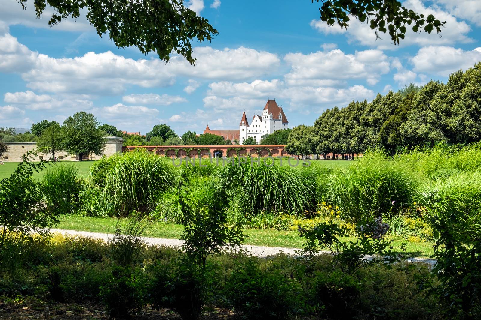 Image of park with view to castle in Ingolstadt, Germany in summer