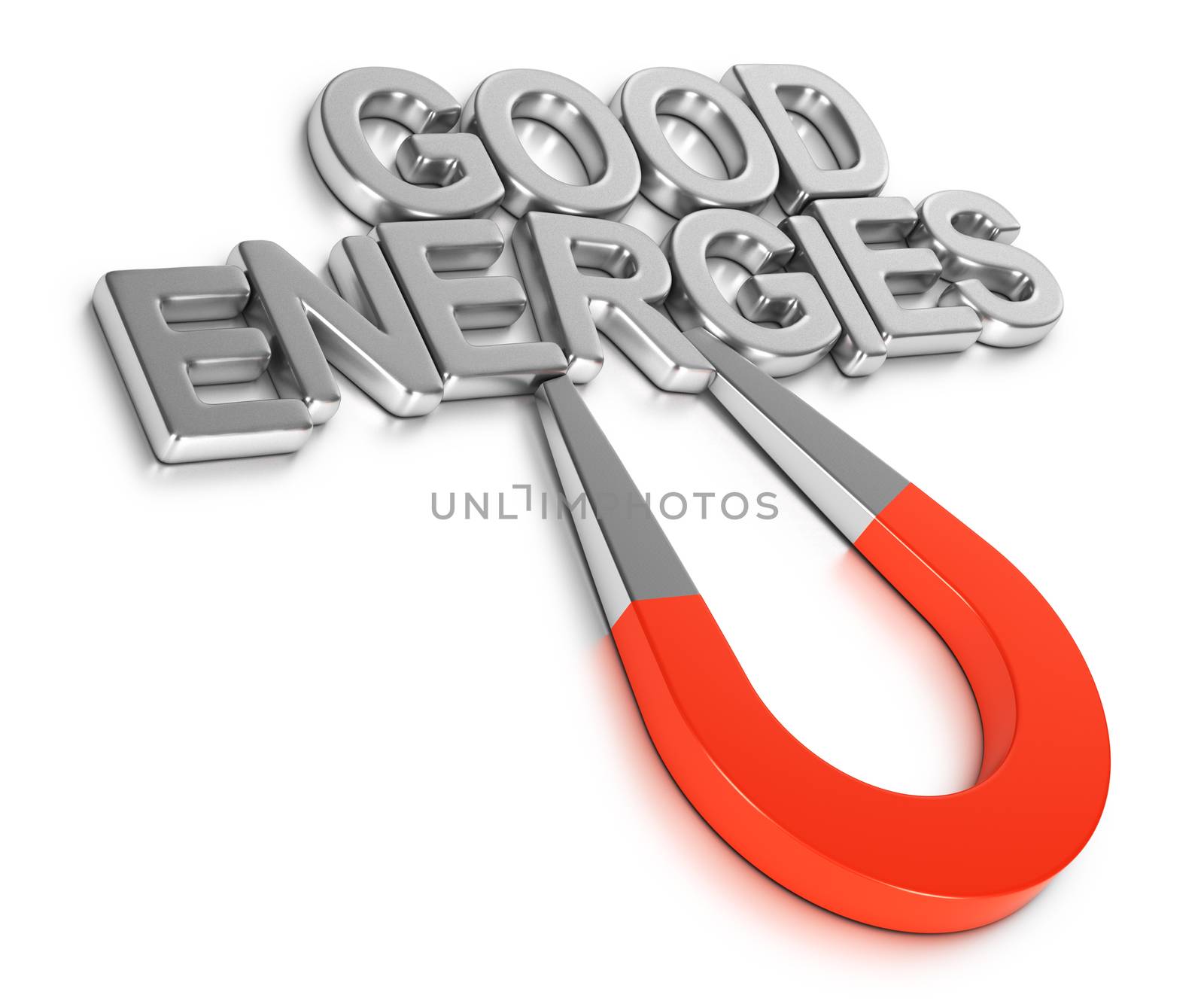 3d illustration of a magnet attracting phrase good energies over white background. Law of attraction concept.