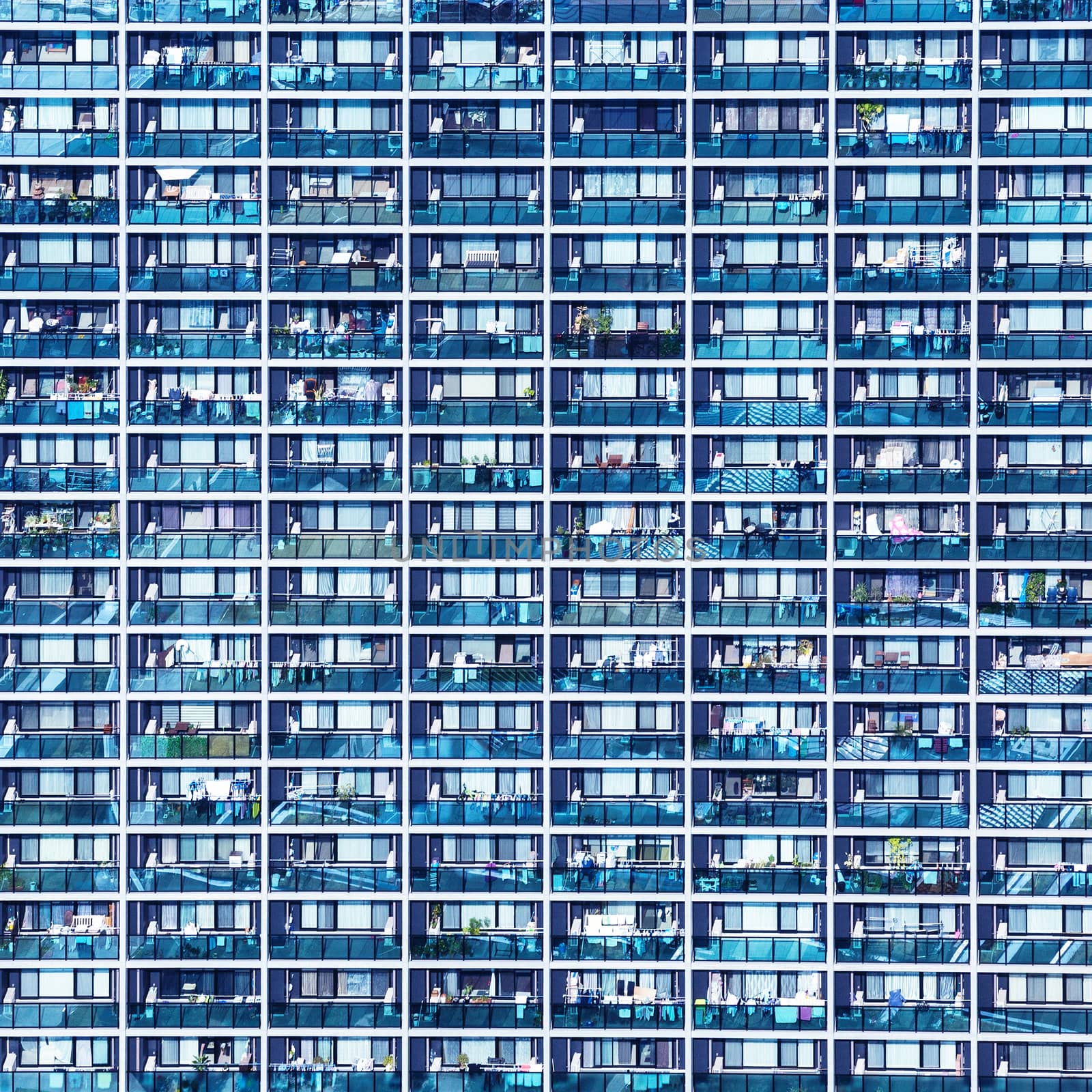 Blue pattern with small balconies and windows in Osaka, Japan