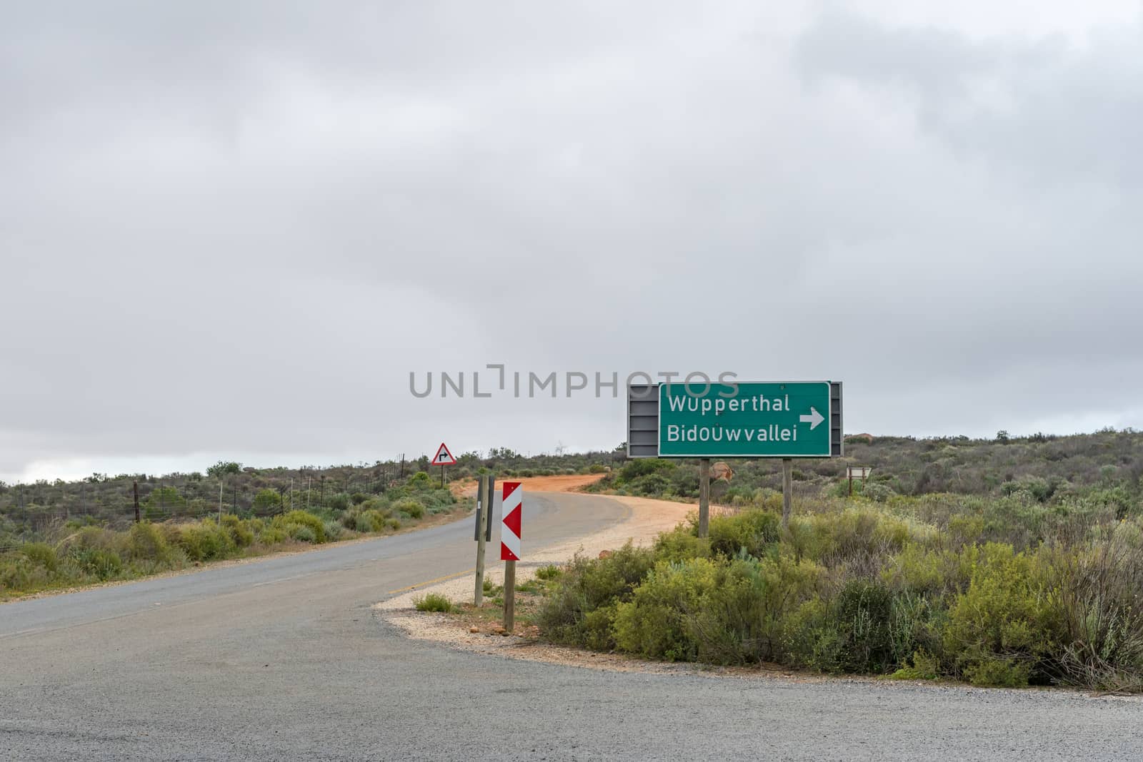 A directional sign at the turn-off from road R364 to Wupperthal in the Cederberg Mountains of the Western Cape Province