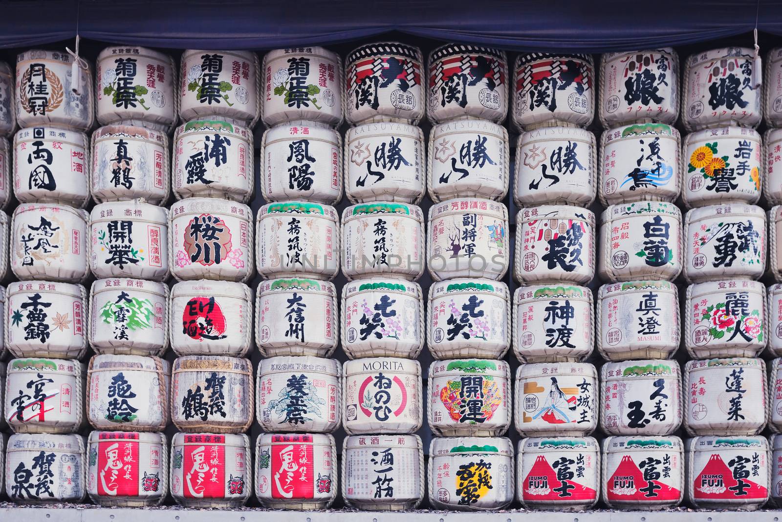 Barrels of sake donated by sake brewers from around Japan to the Meiji Jingu Shrine in Tokyo, Japan