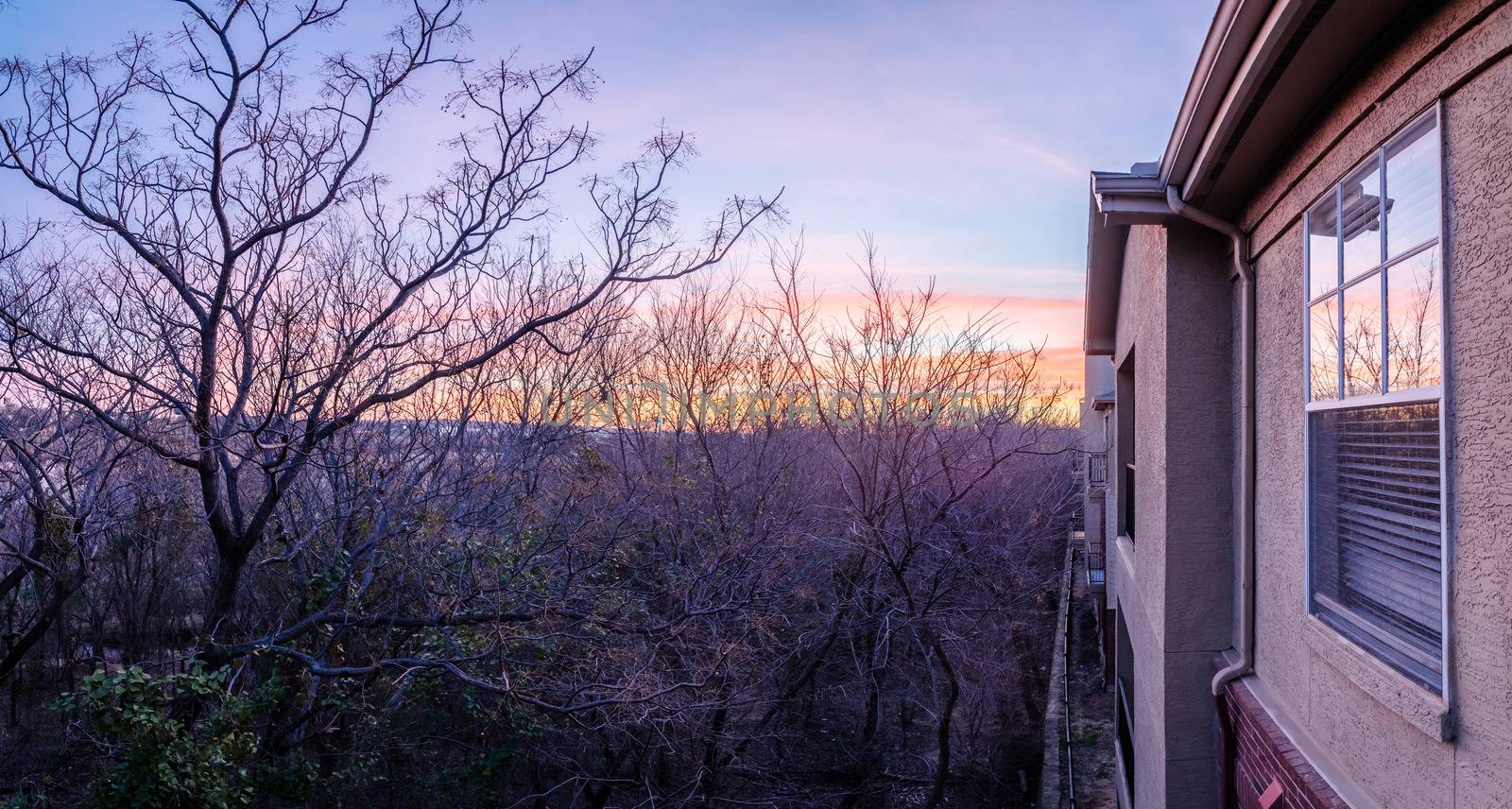 Panoramic aerial view of apartment complex near forest with bare trees during wintertime sunrise by trongnguyen