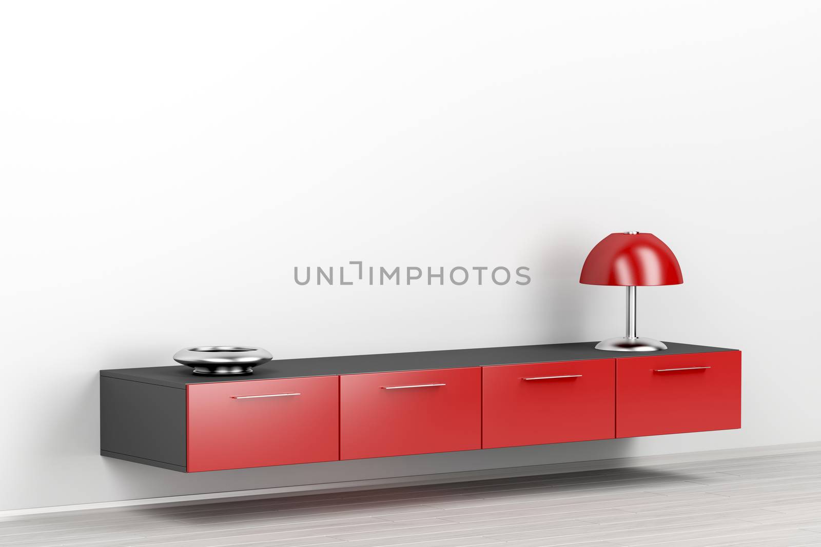 Wall mounted red cabinet with lamp in the room