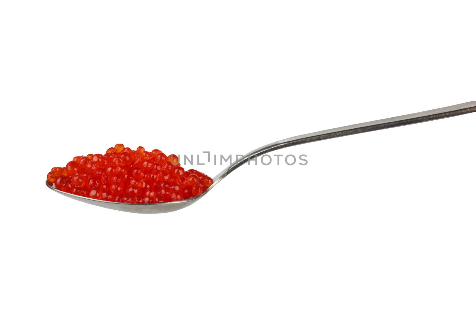 teaspoon with red caviar isolated on white background 