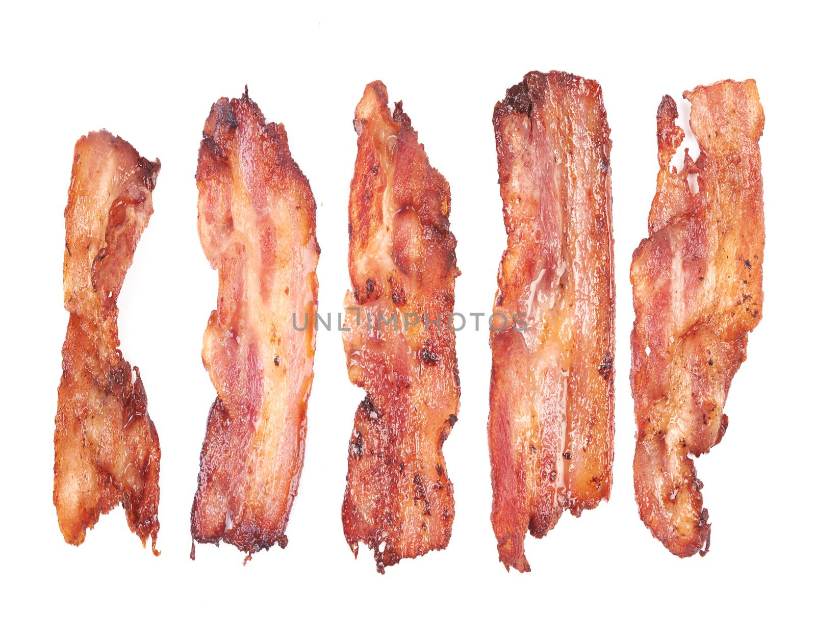 cooked slices of bacon isolated on white 