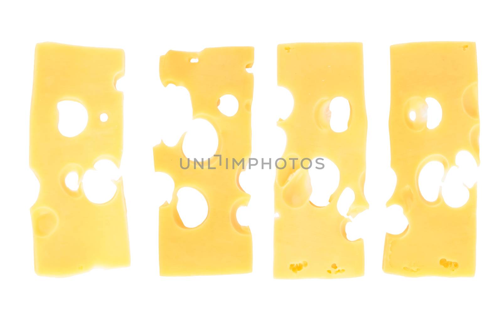 Thin slices of cheese isolated on white background 