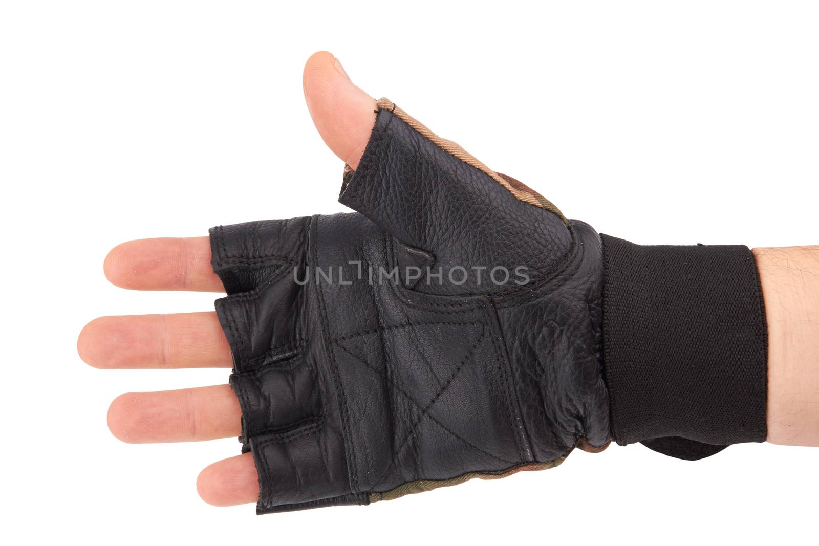 leather gym gloves with wrist strap on white background 