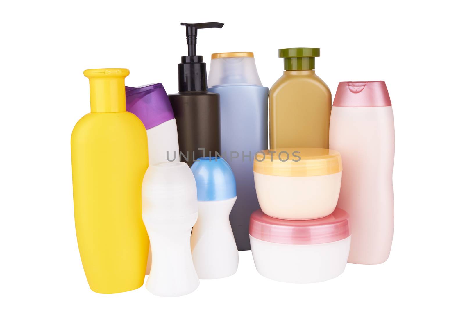 different cosmetic products for personal care isolated on white background 