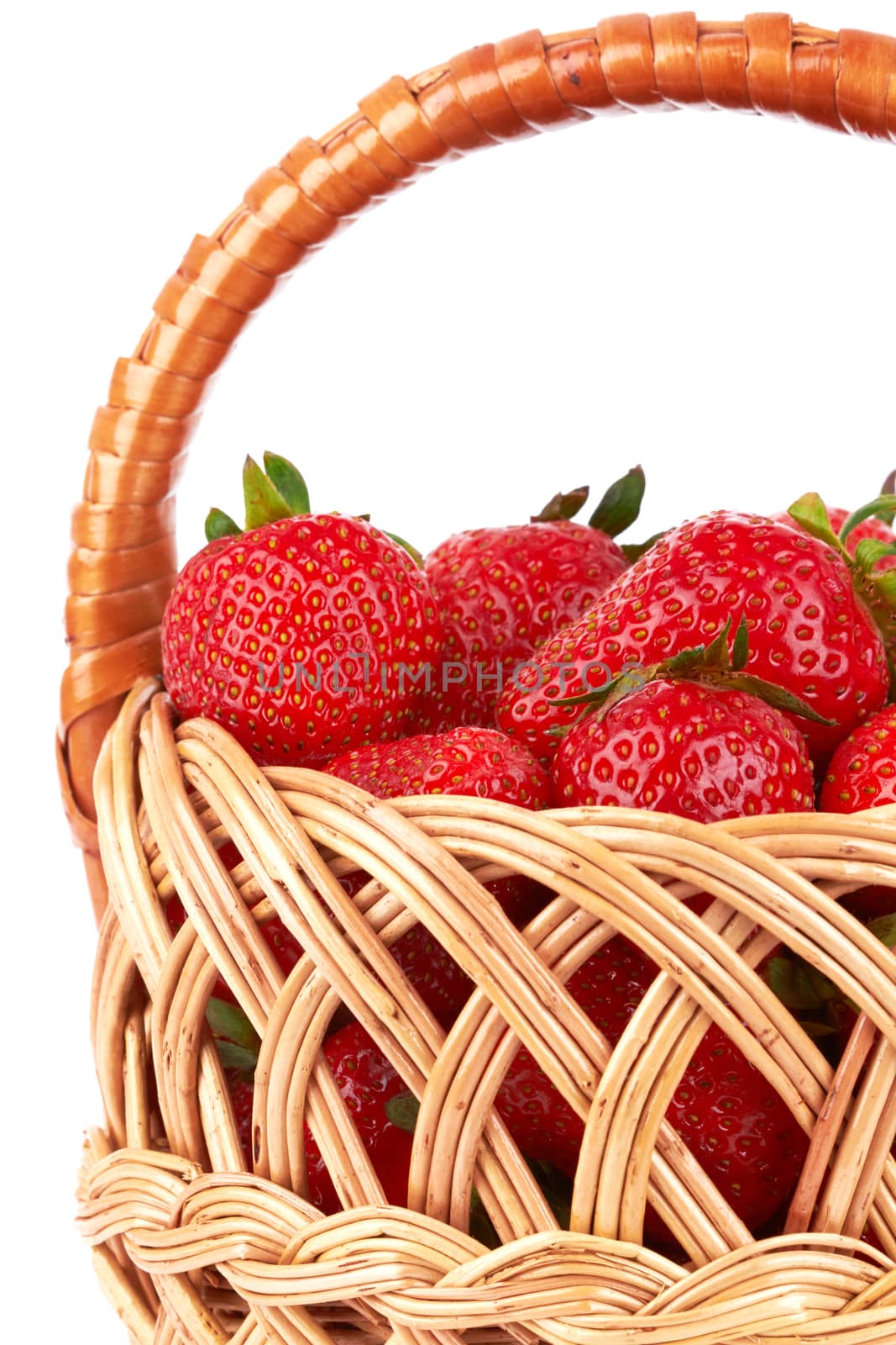 Sweet ripe strawberries in basket isolated on white 