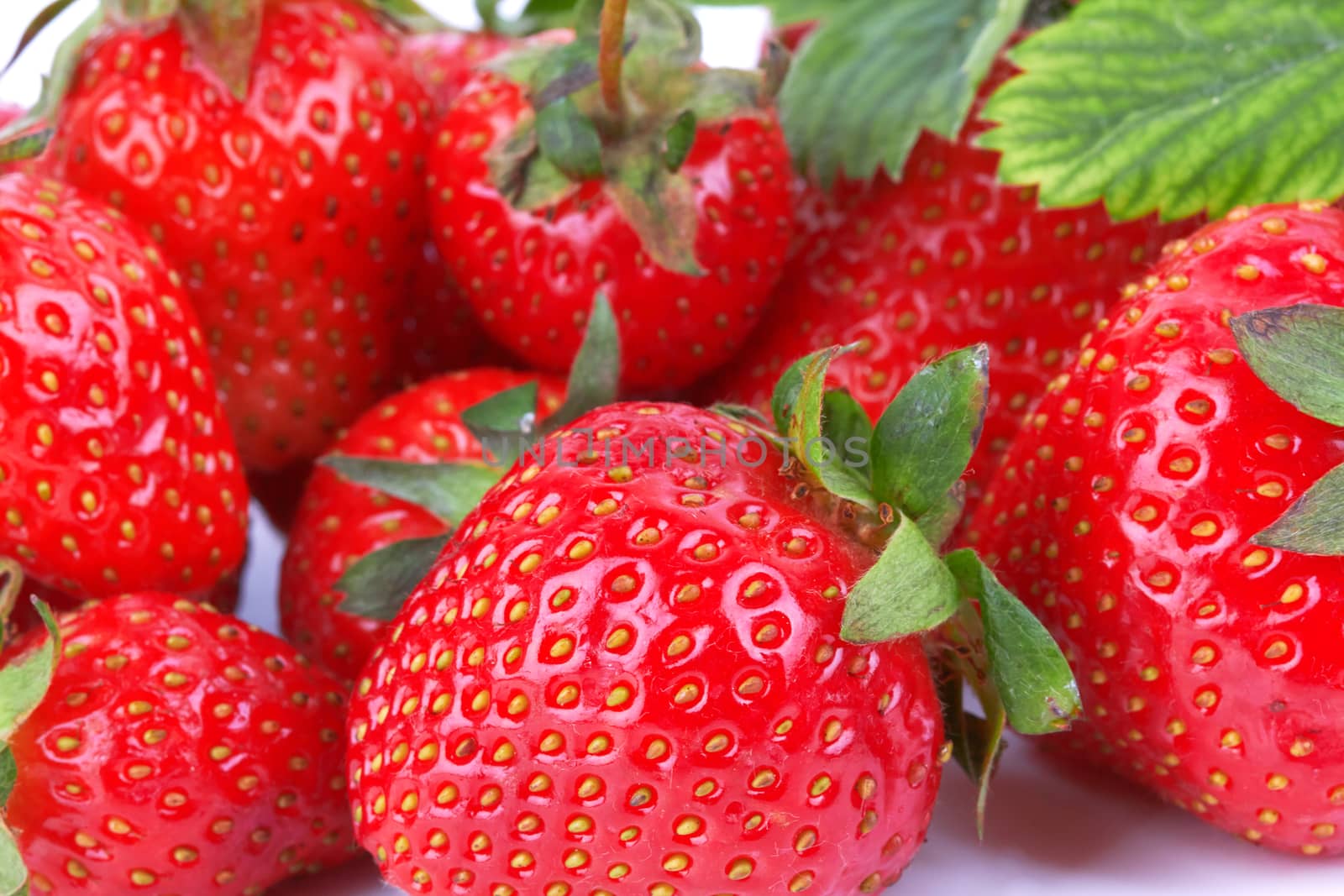 Strawberries with leaves and flower as a background