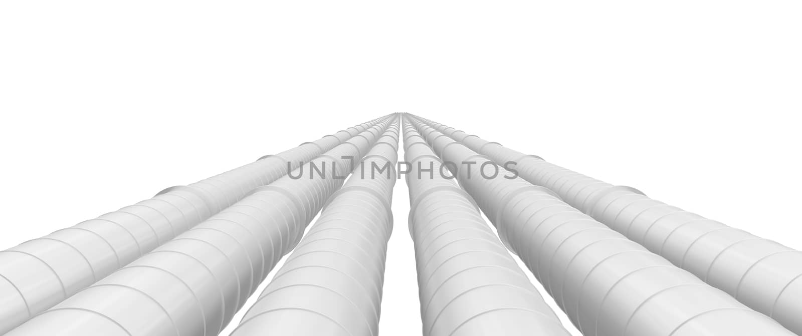 Row of white industrial pipelines isolated on white background. 3d illustration