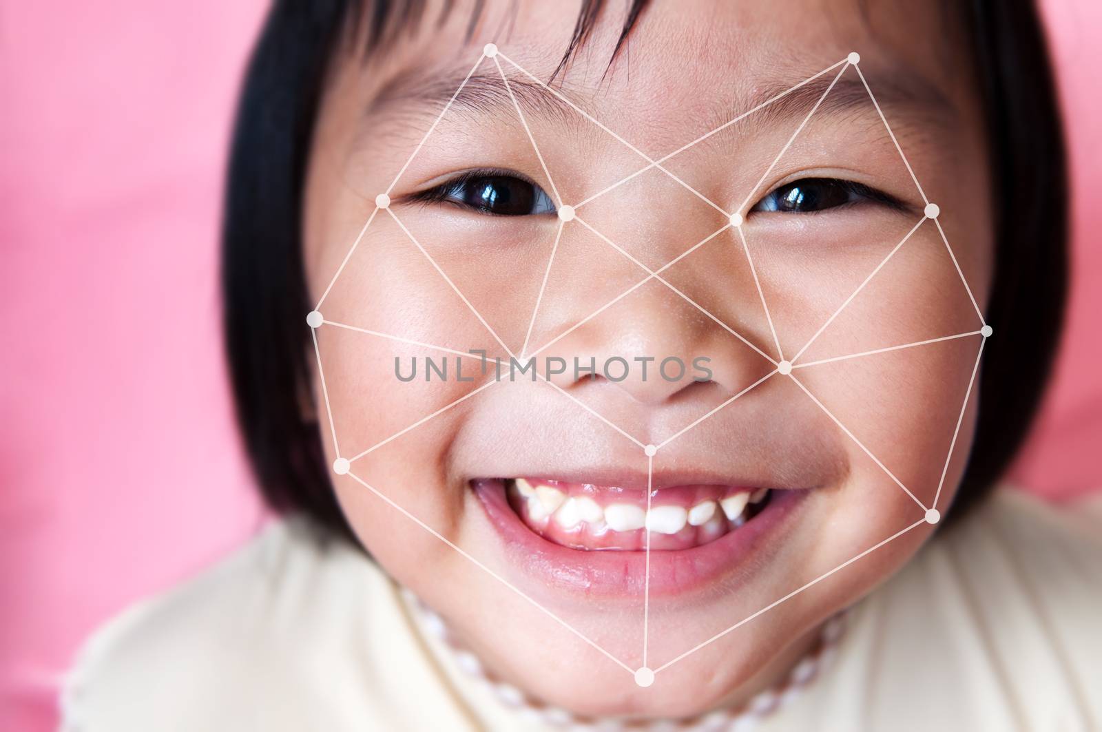 Facial recognition system concept. Asian child face ID scanning.