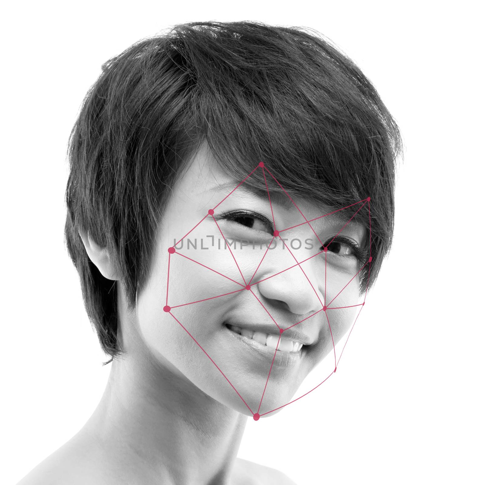 Biometric verification. Human facial detection, high technology. Asian woman face ID scanning.