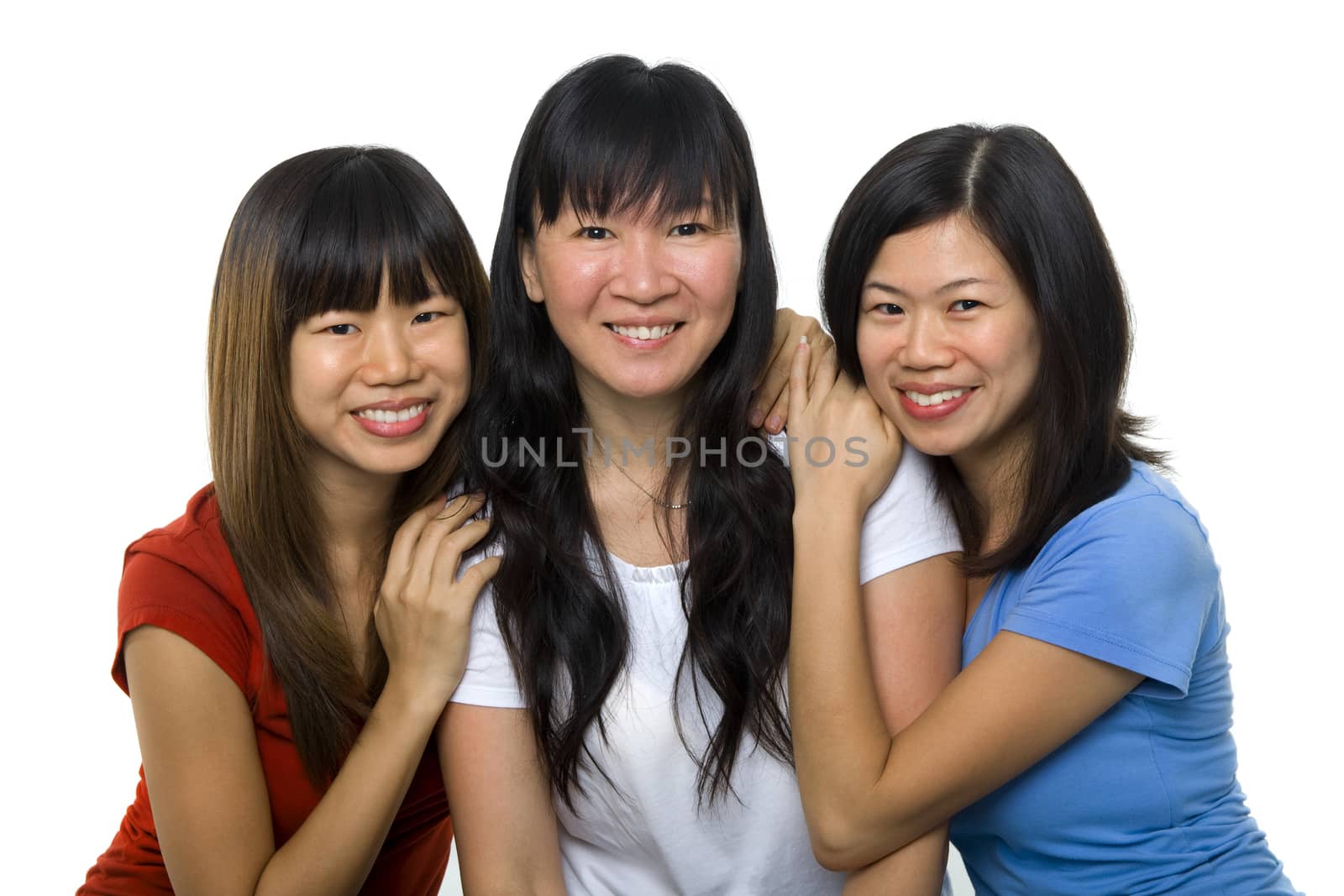 Asian females portrait on white background, ages 20s, 30s, 40s.