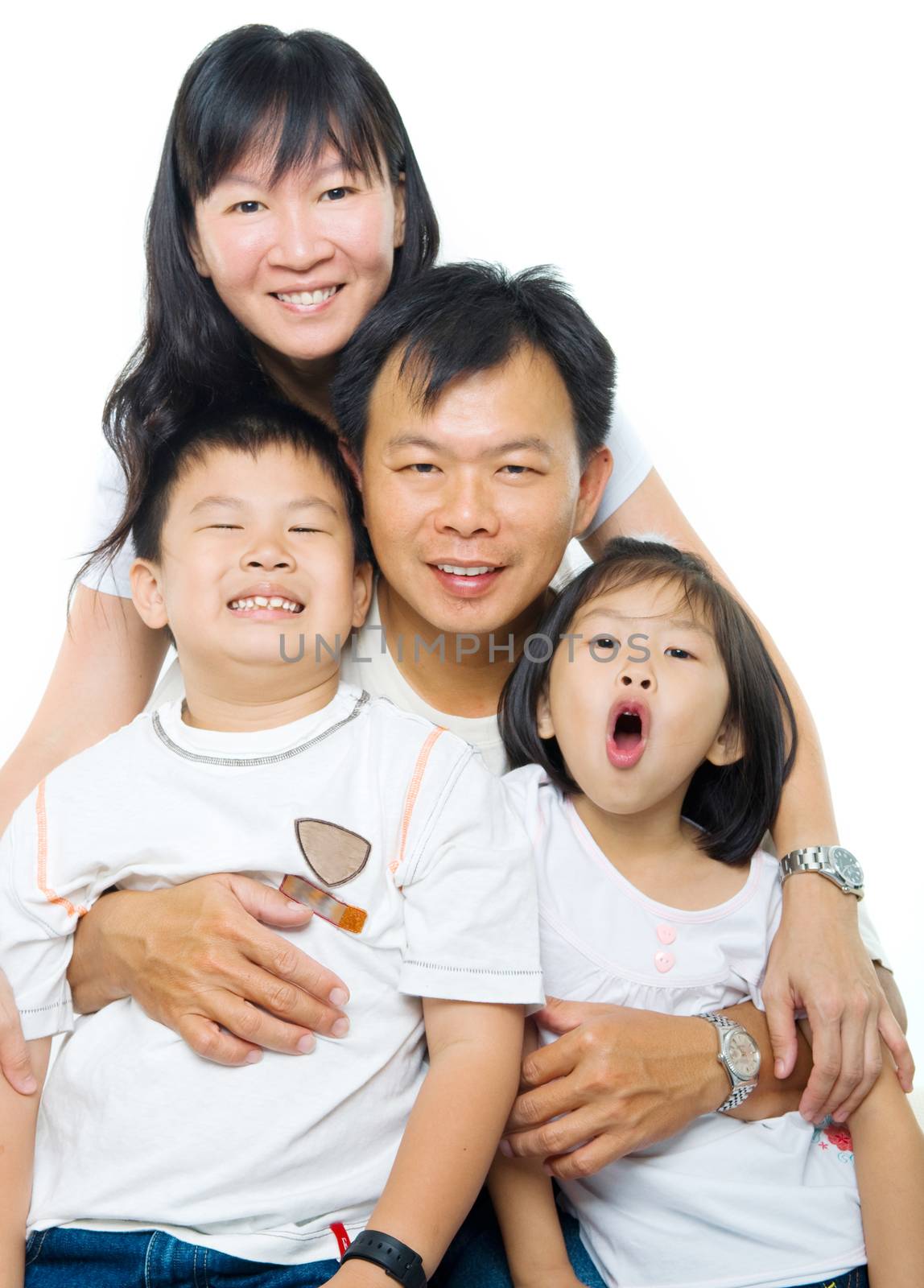 Asian family portrait, happy parents and children, isolated on white background.