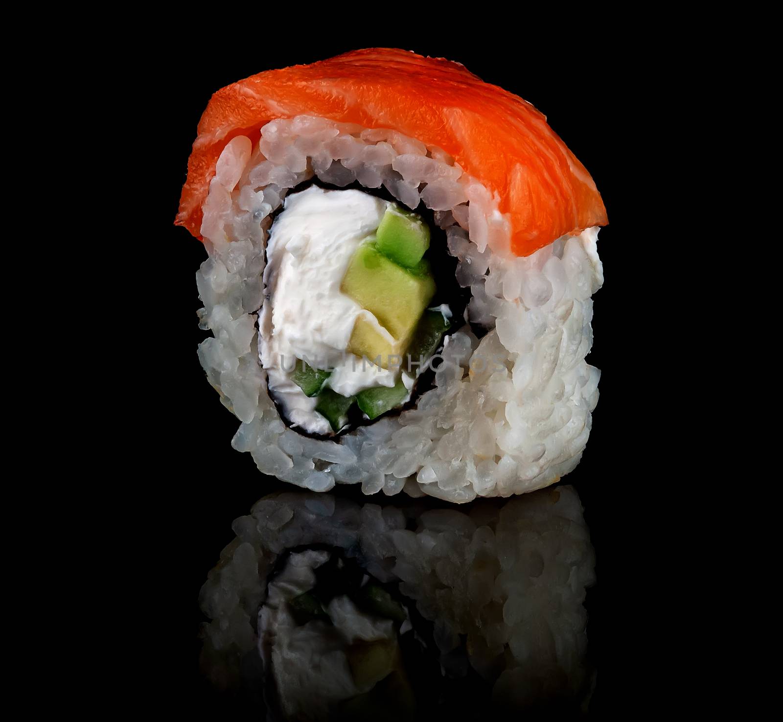 Sushi roll Philadelphia rotated. Black background. Reflection