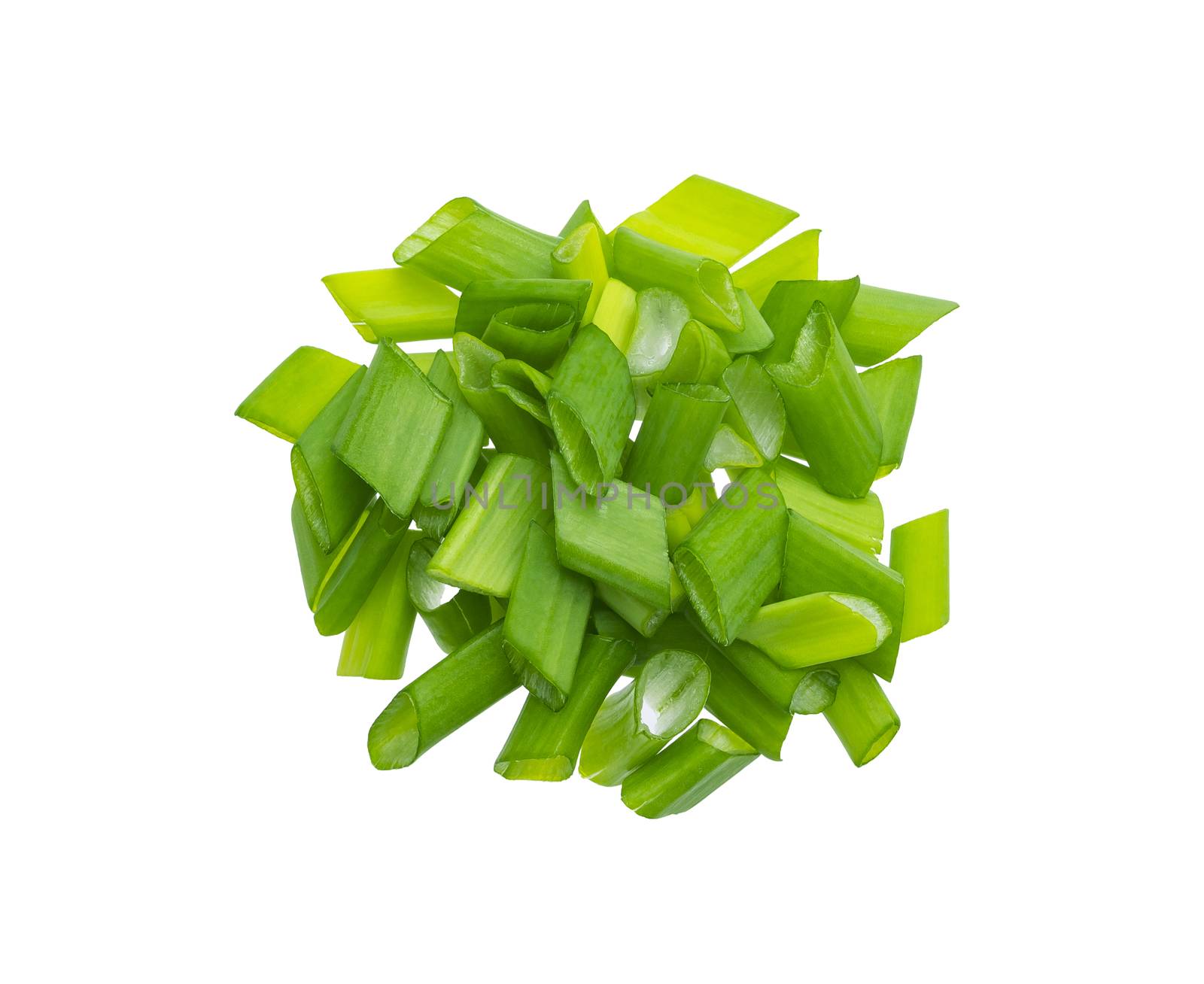 Chopped chives, fresh green onions isolated on white background, top view by xamtiw