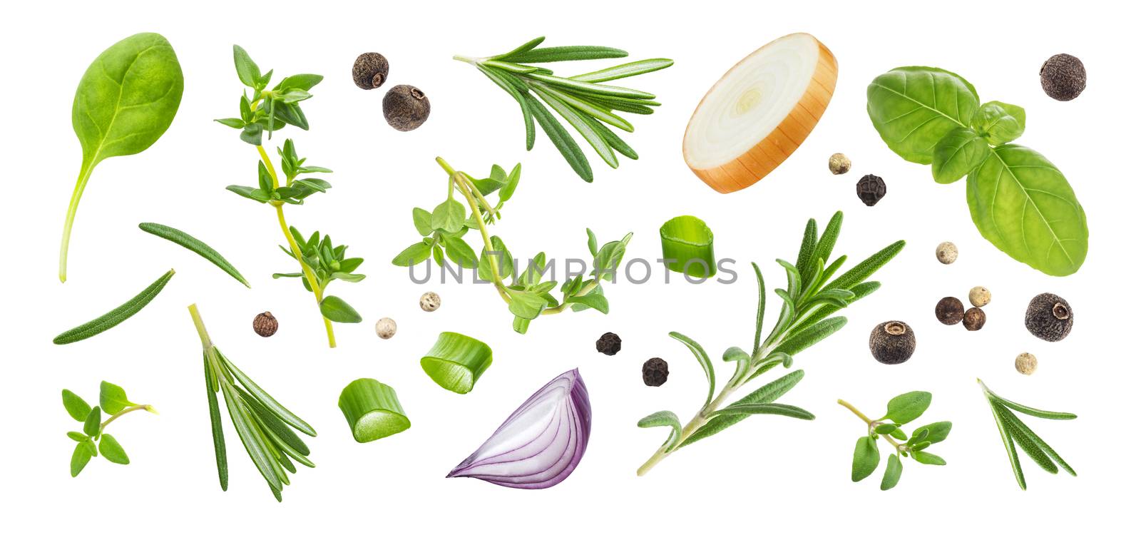 Different spices and herbs isolated on white background, top view by xamtiw