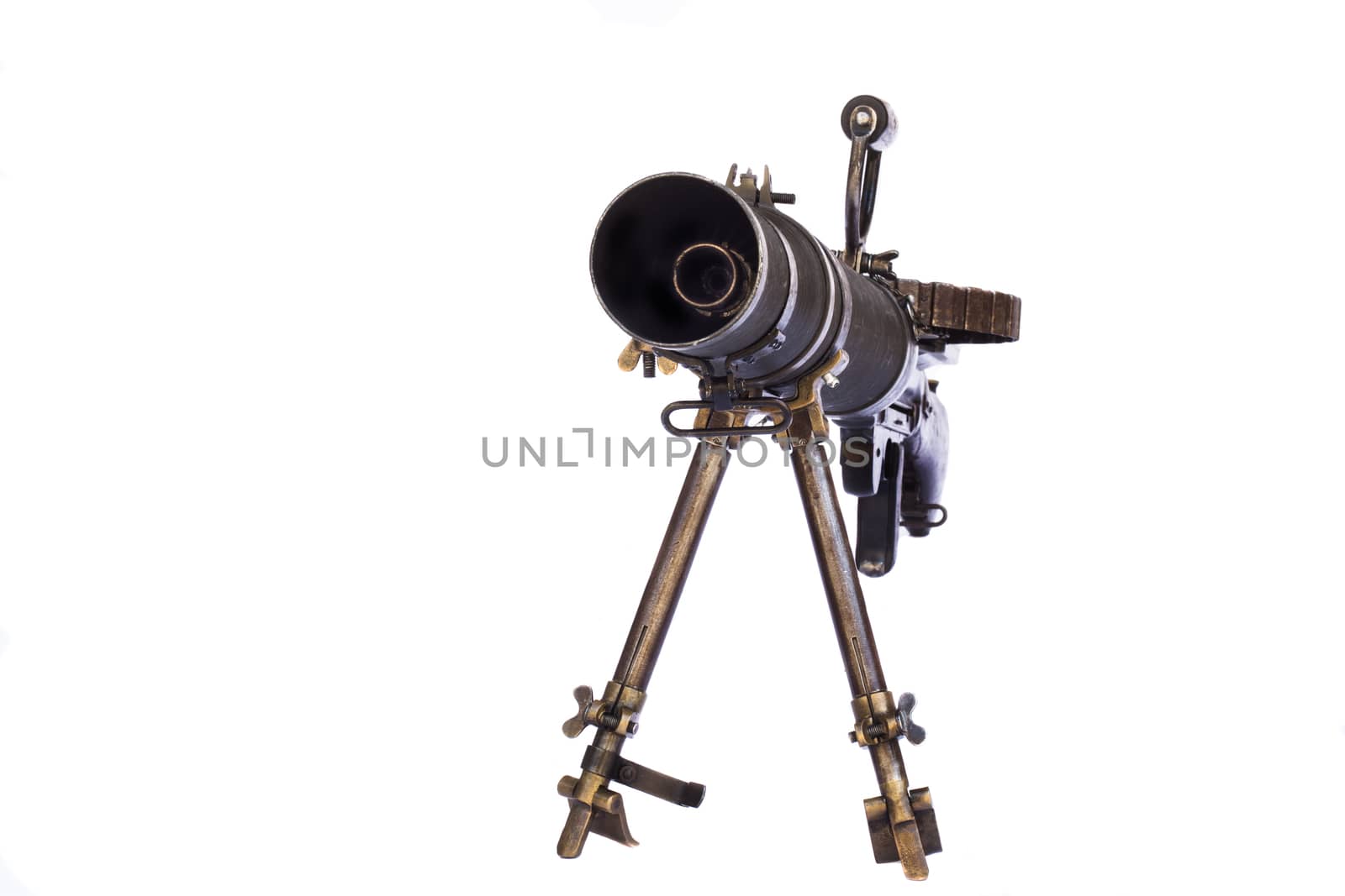 old black color machine gun on a tripod front view isolated on white background