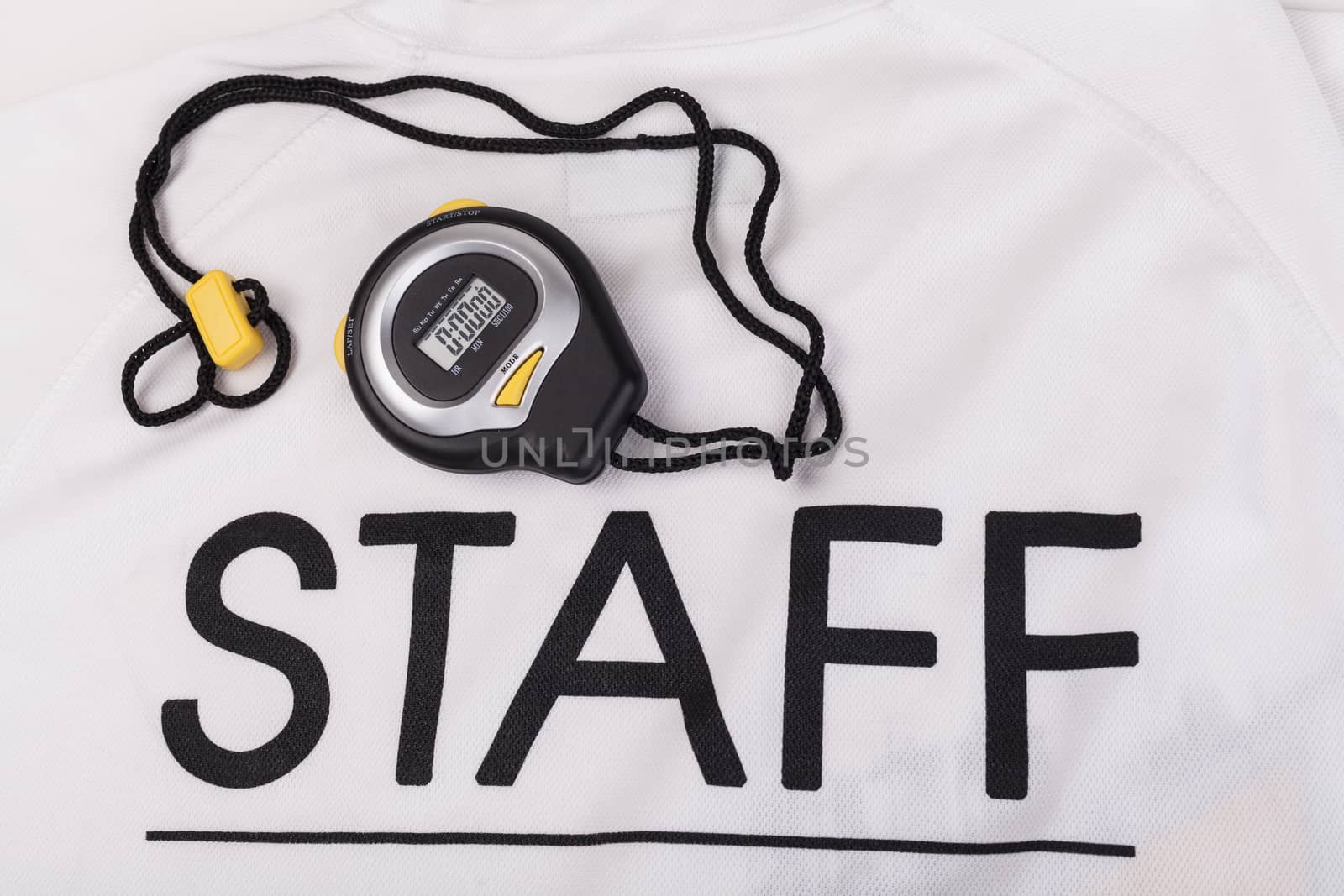 digital stopwatch on a staff tshirt background