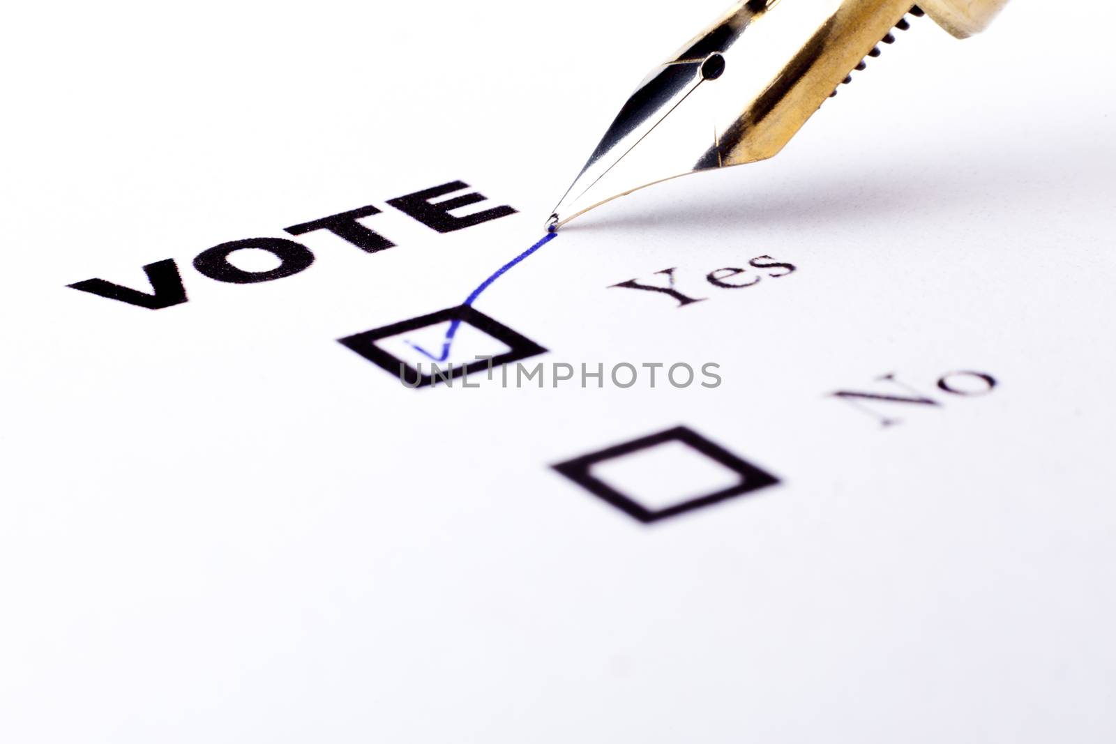 Voting yes or no checkbox with fountain pen yes marked with V 