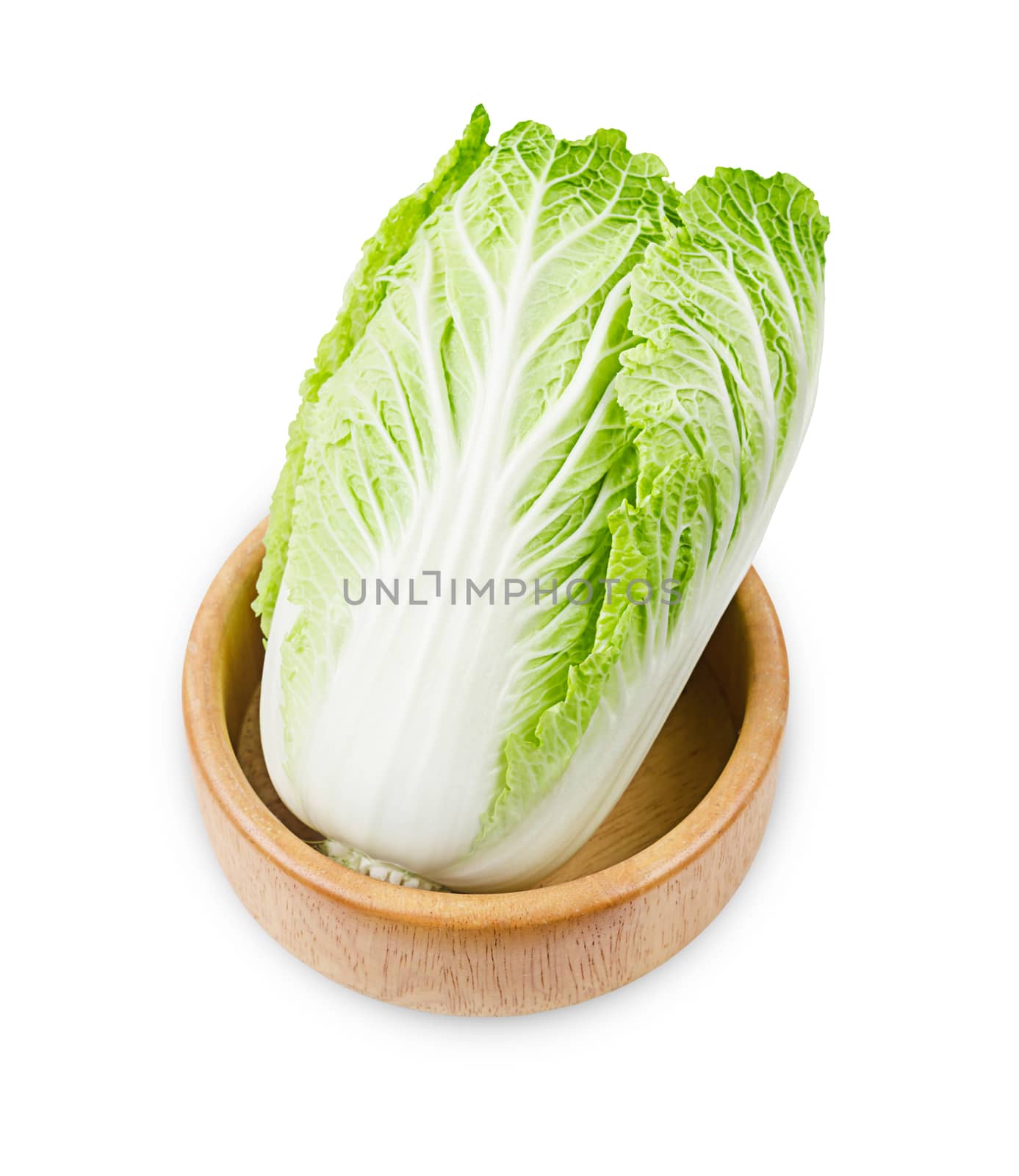 Fresh chinese cabbage in wooden bowl isolated on a white background, Save clipping path.