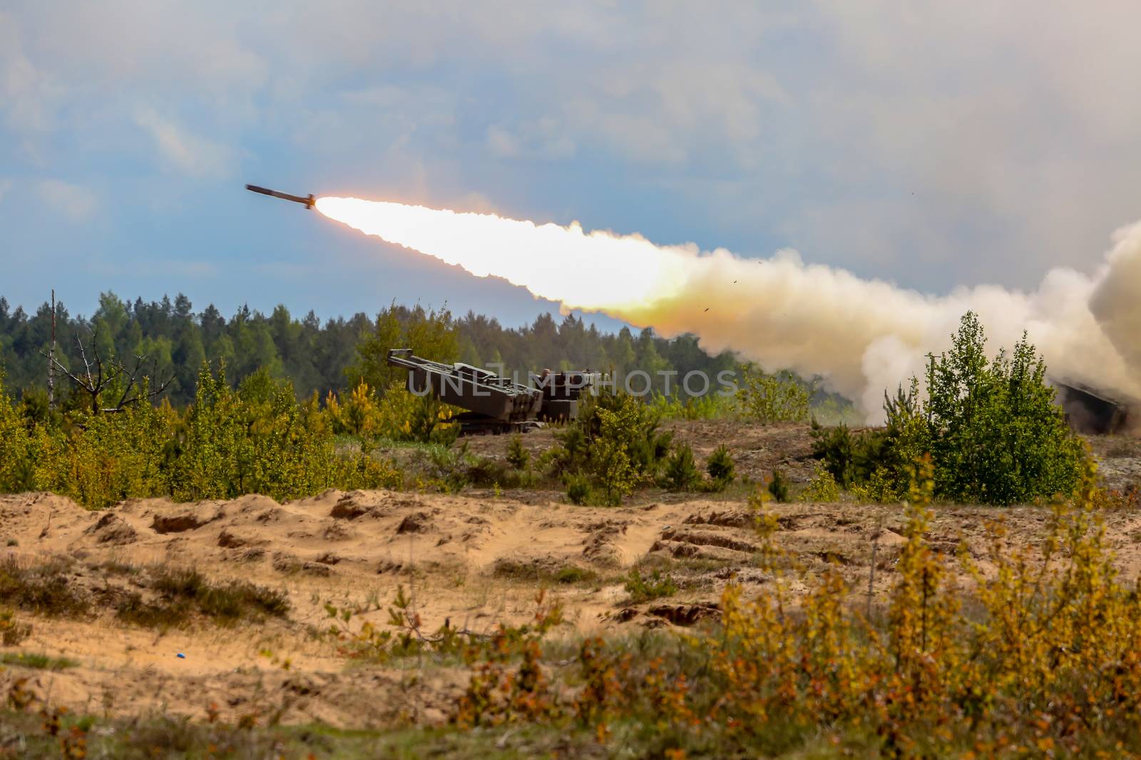Rocket launcher with Himars. NATO soldiers and military equipment in Latvia. International Military Training "Saber Strike 2017", Adazi, Latvia, from 3 to 15 June 2017. US Army Europe-led annual International military exercise Saber Strike Field Training Exercise in Latvia.