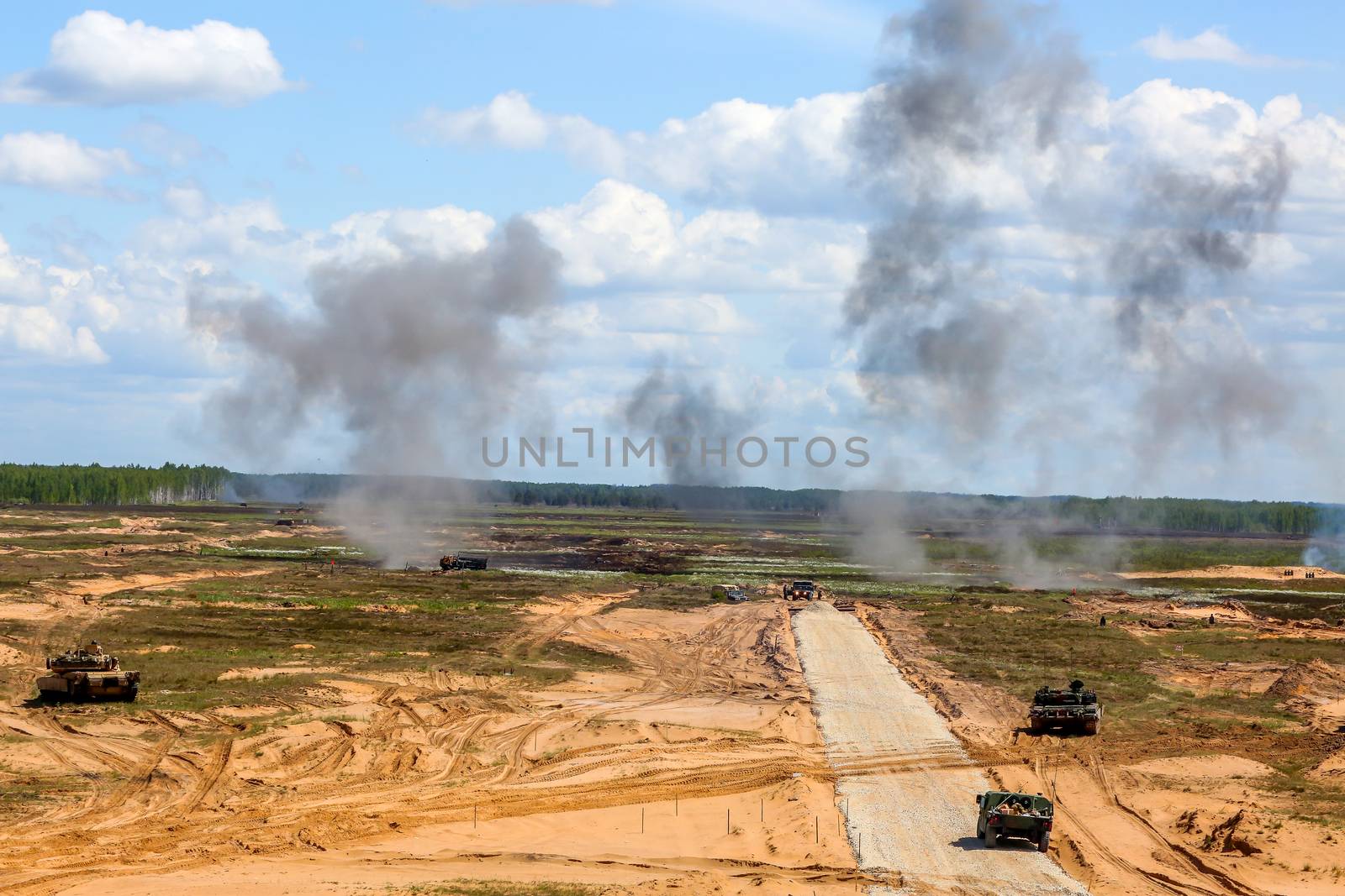 Explosion and smoke. International Military Training "Saber Strike 2017", Adazi, Latvia, from 3 to 15 June 2017. US Army Europe-led annual International military exercise Saber Strike Field Training Exercise in Latvia.