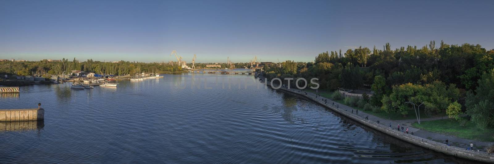 Nikolaev, Ukraine - 10.06.2018.    View of the Ingul River from the Ingulsky Bridge in Nikolaev, in a summer evening