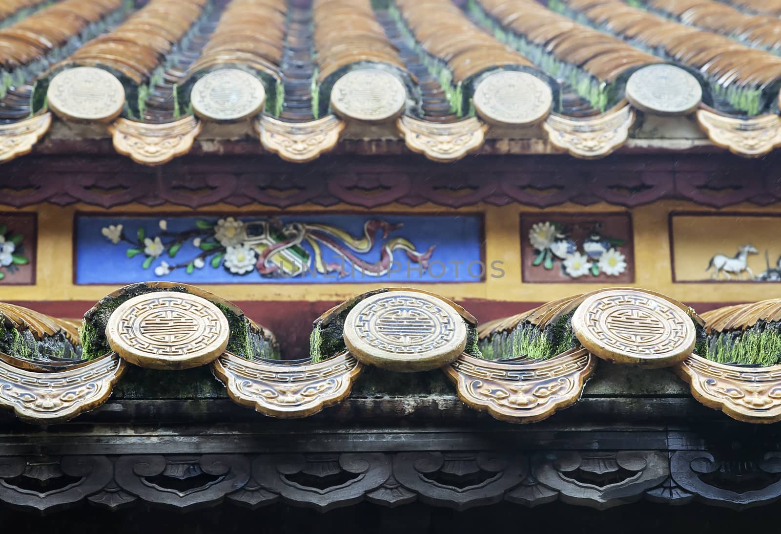 Close up of roof of Buddhist temple by Goodday