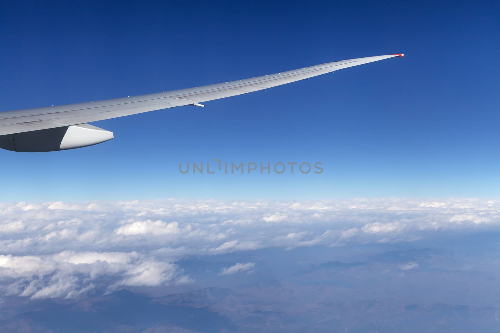 Wing of an airplane and the land below