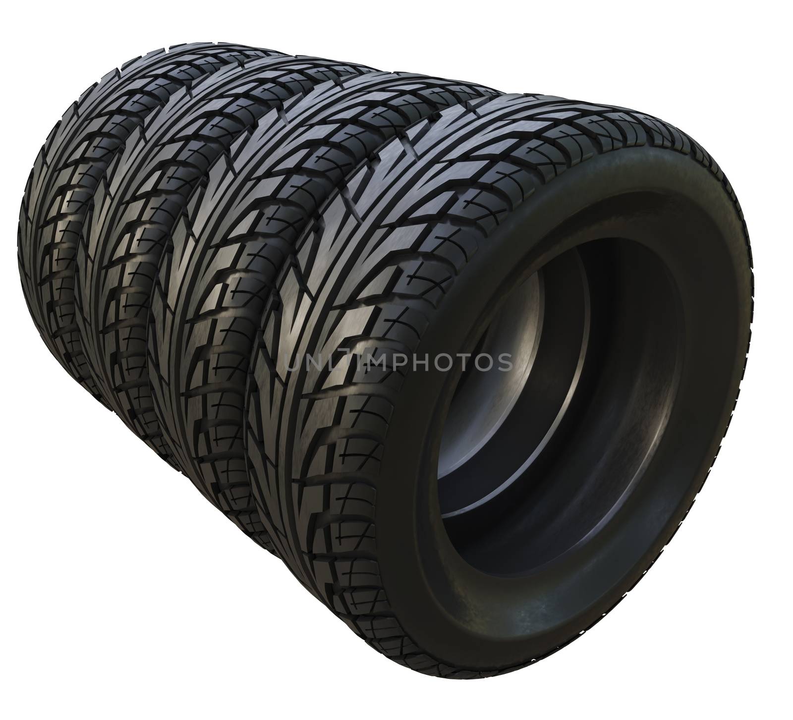 Group black tires, isolated on white background. 3d illustration