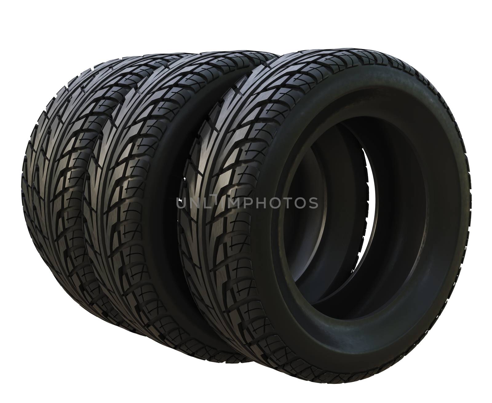 Group black tires, isolated on white background. 3d illustration