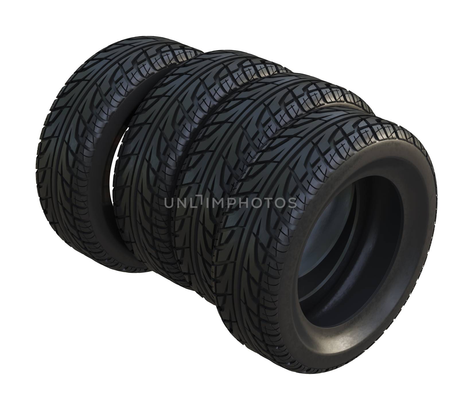 Group black tires, isolated on white background. 3d illustration