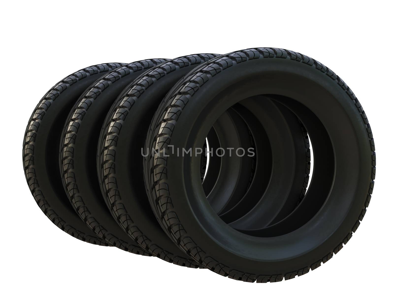 Group black tires, isolated on white background. 3d illustration
