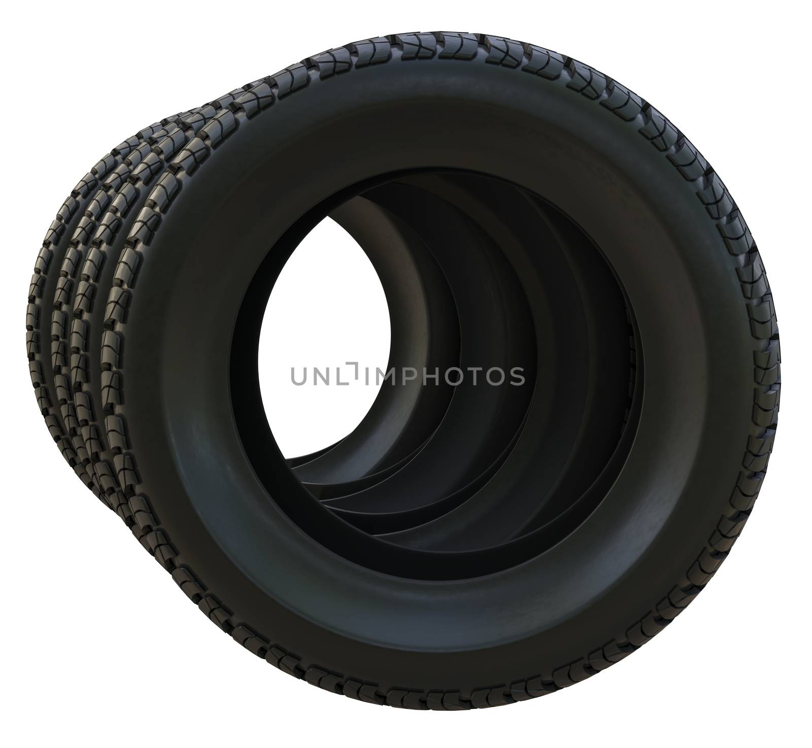 Group black tires, isolated on white background. 3d illustration