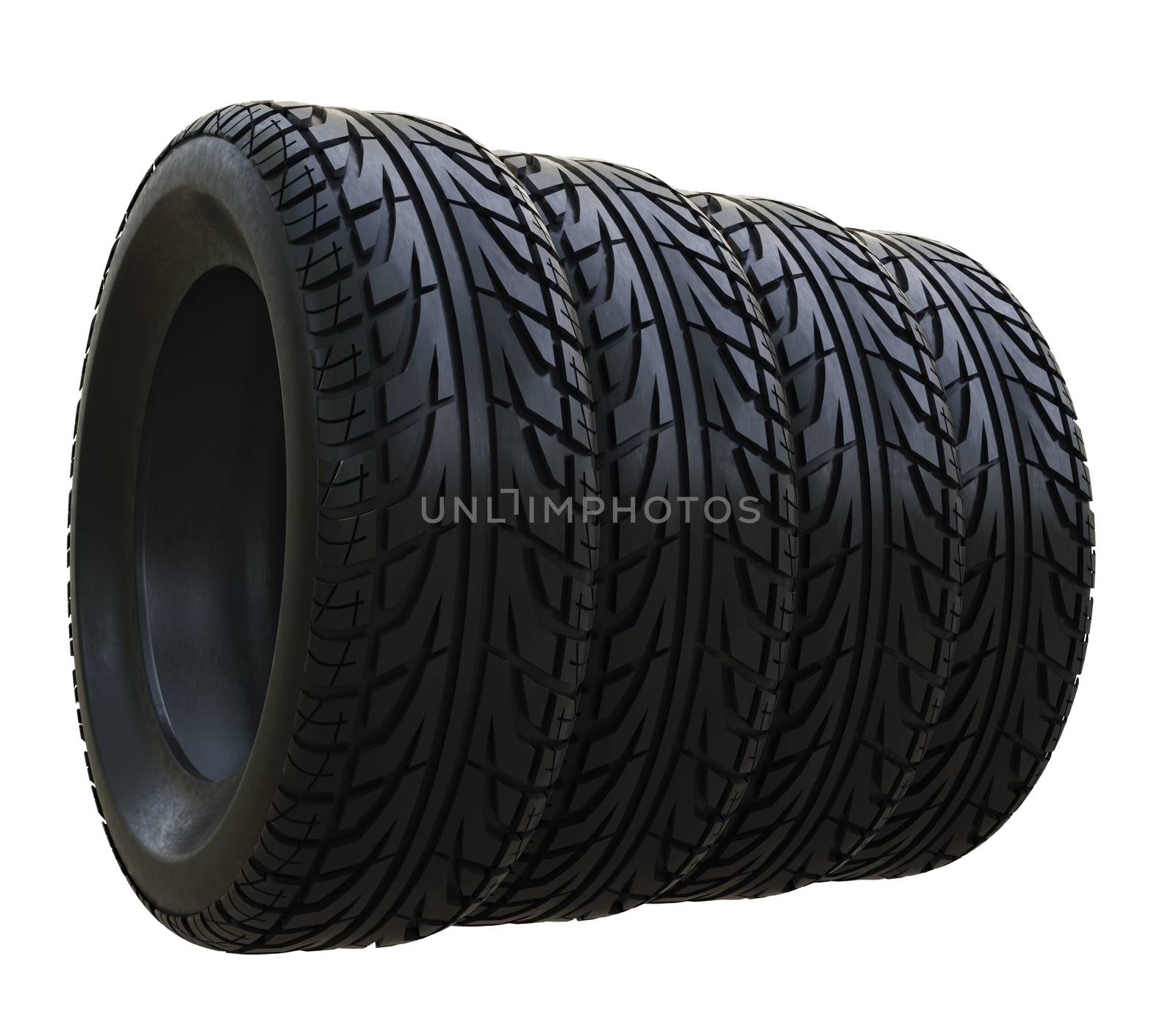 Group black tires, isolated on white background. 3d illustration