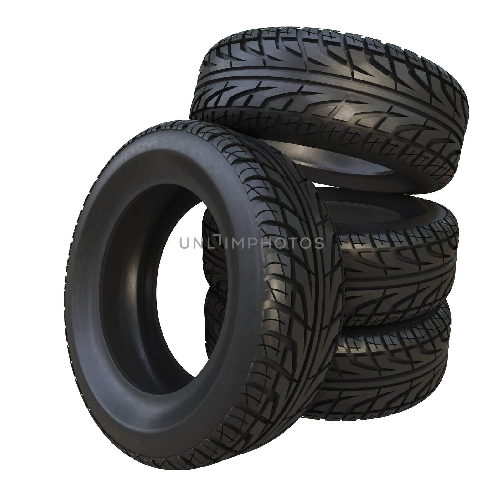 Group black tires, isolated on white background. 3d illustration