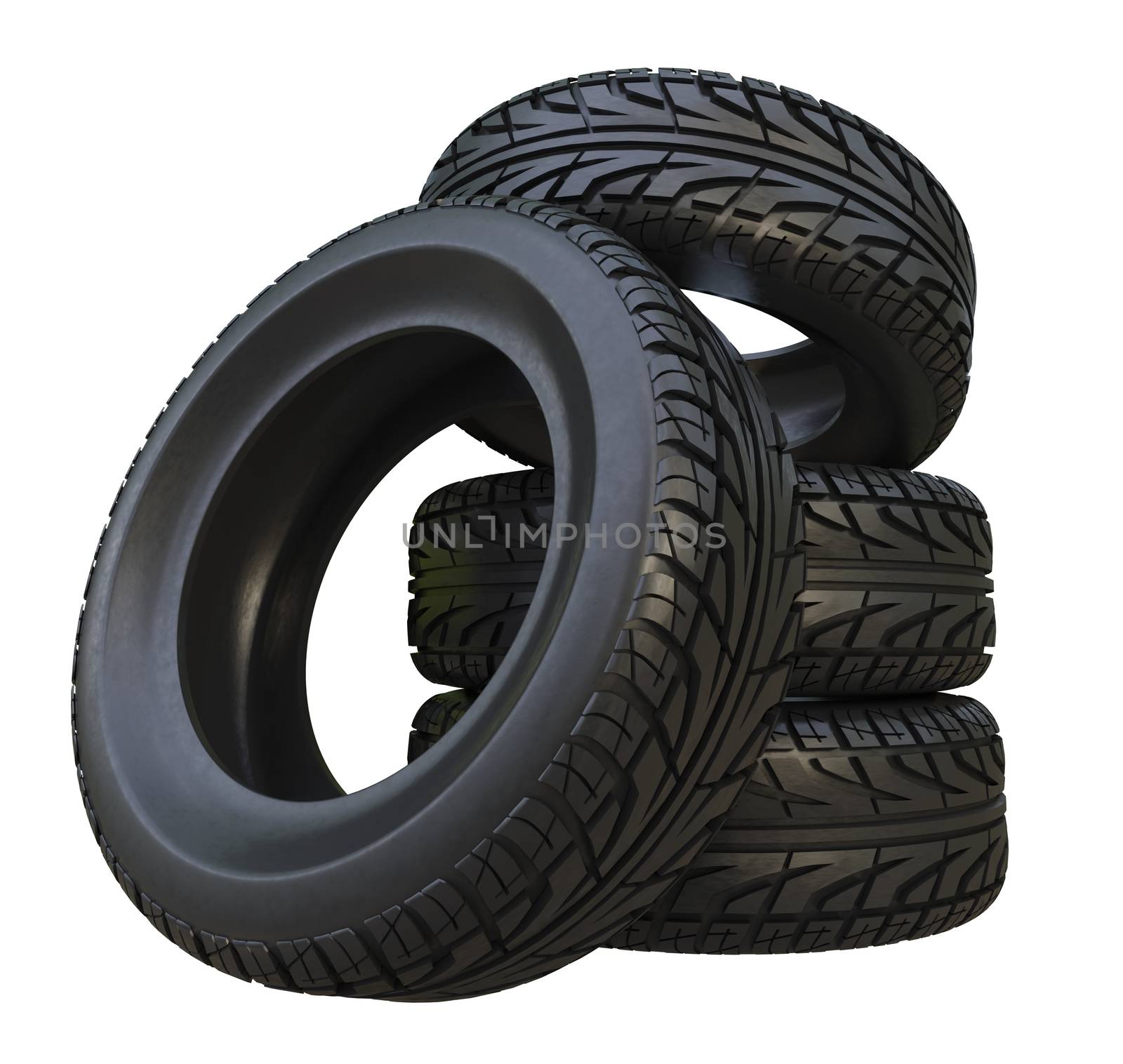 Group black tires, isolated on white background. 3d illustration