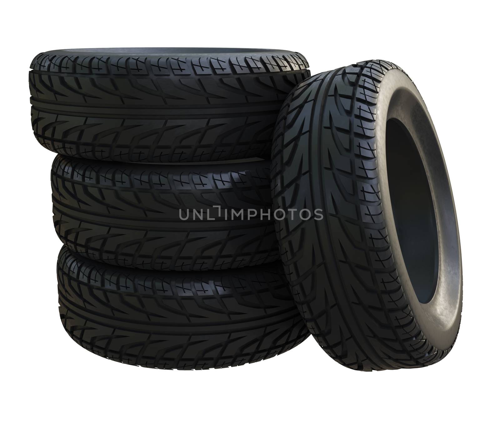 Group black tires, isolated on white background. 3d illustration