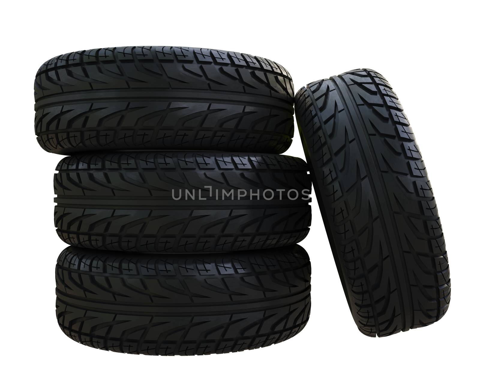 Group black tires, isolated on white background. 3d illustration