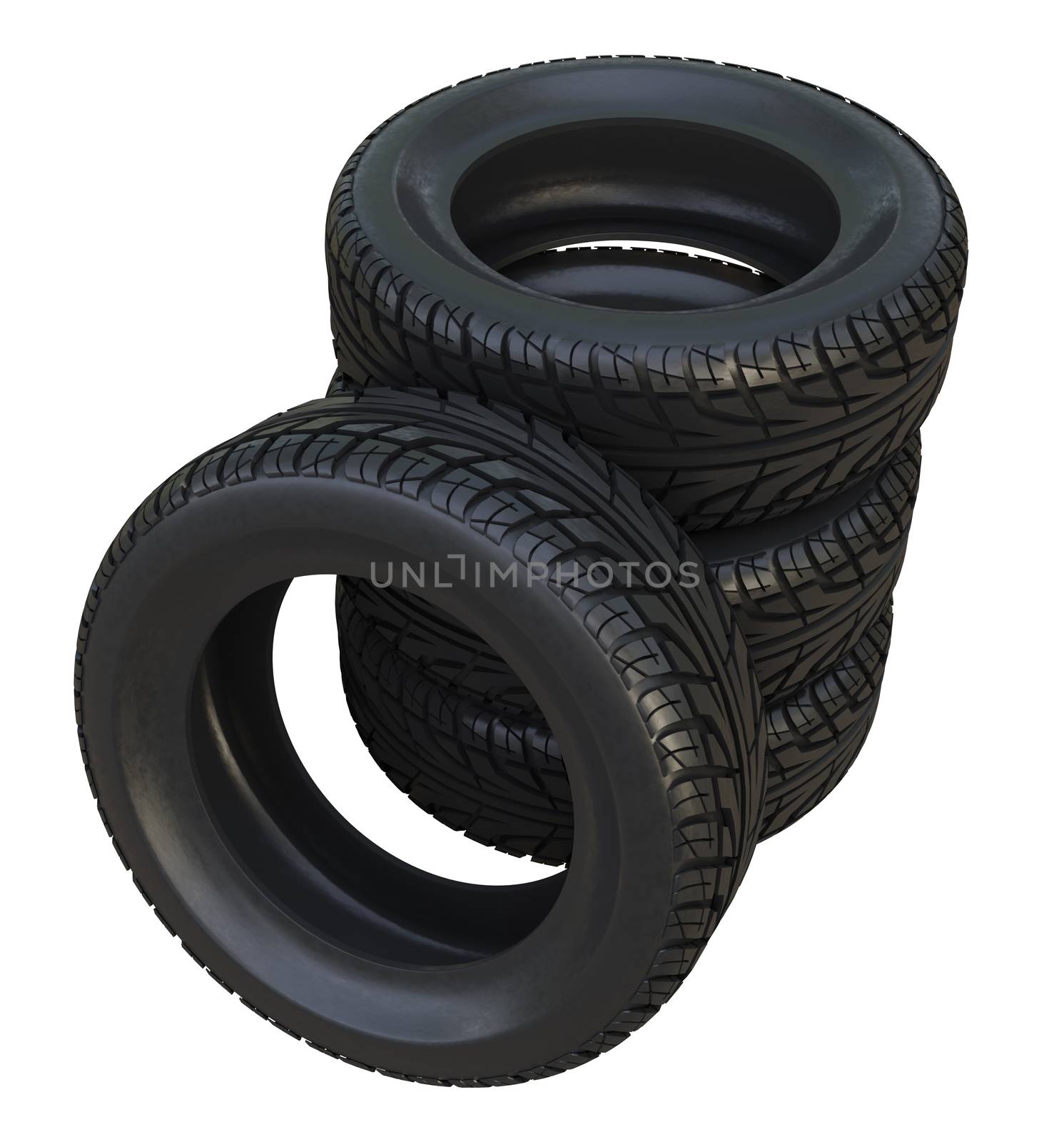 Group black tires, isolated on white background. 3d illustration