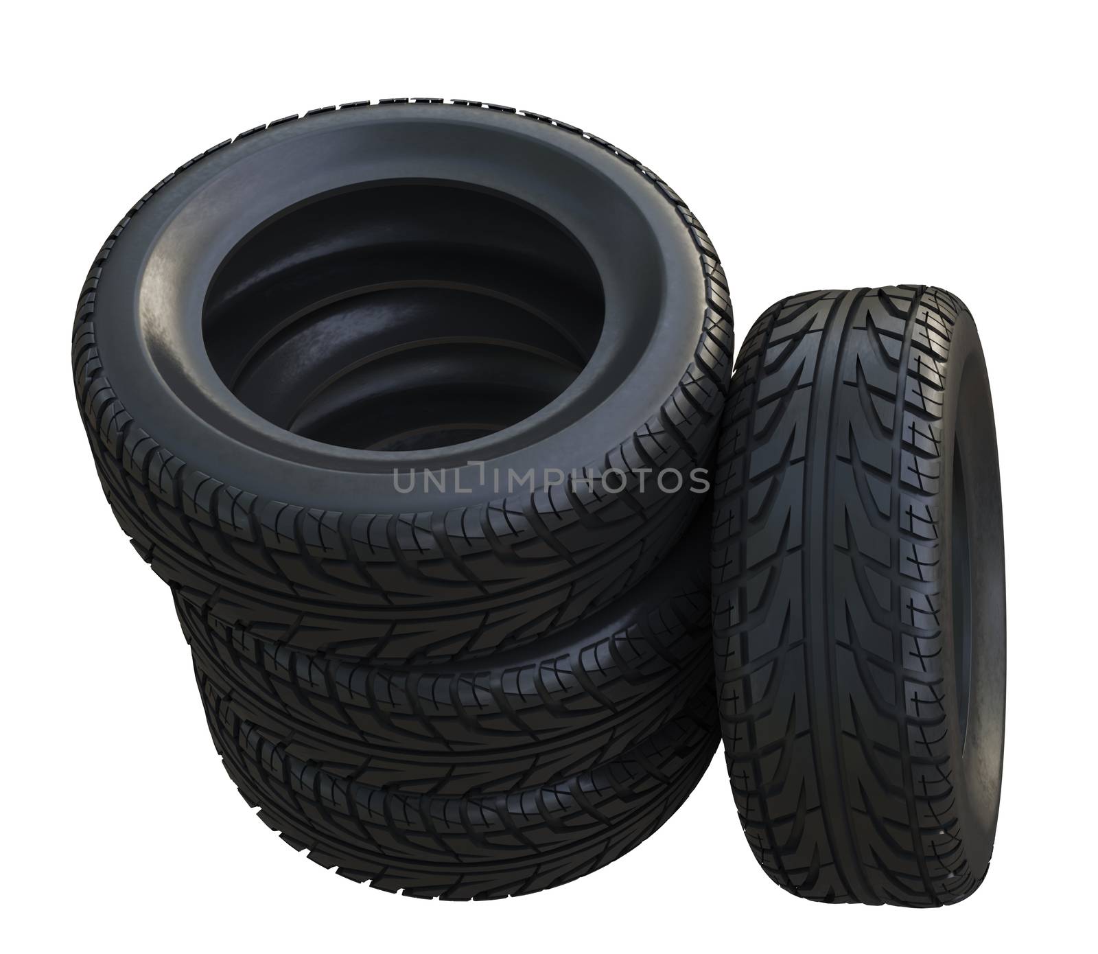 Group black tires, isolated on white background. 3d illustration